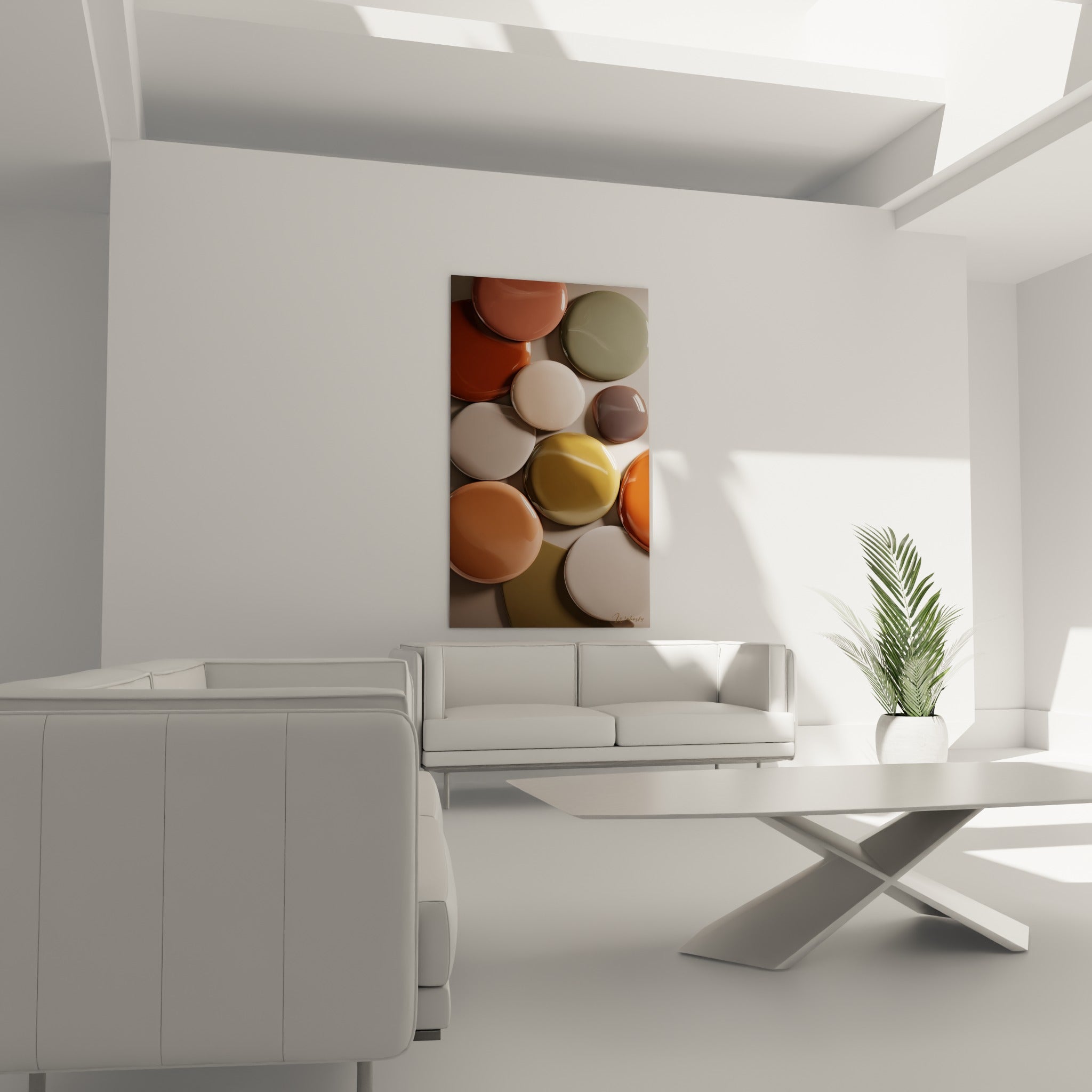 Galets colorés ocre et anthracite accrochés au-dessus d'un canapé dans un salon lumineux