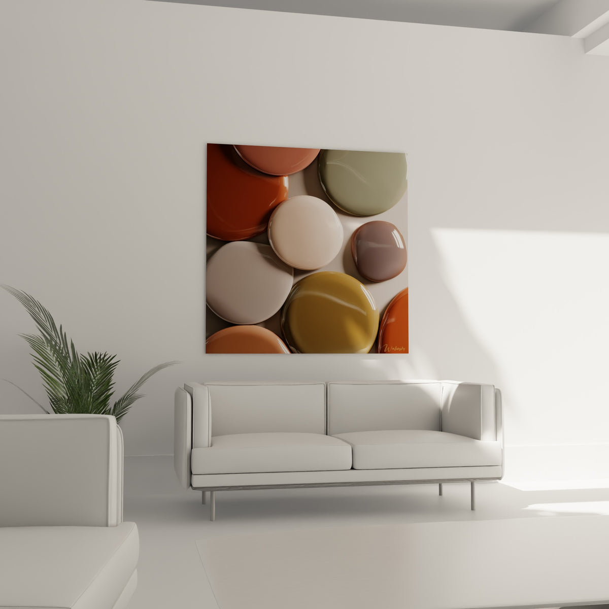 Galets brillants brun taupe et vert sauge disposés au-dessus d'un canapé dans un salon lumineux