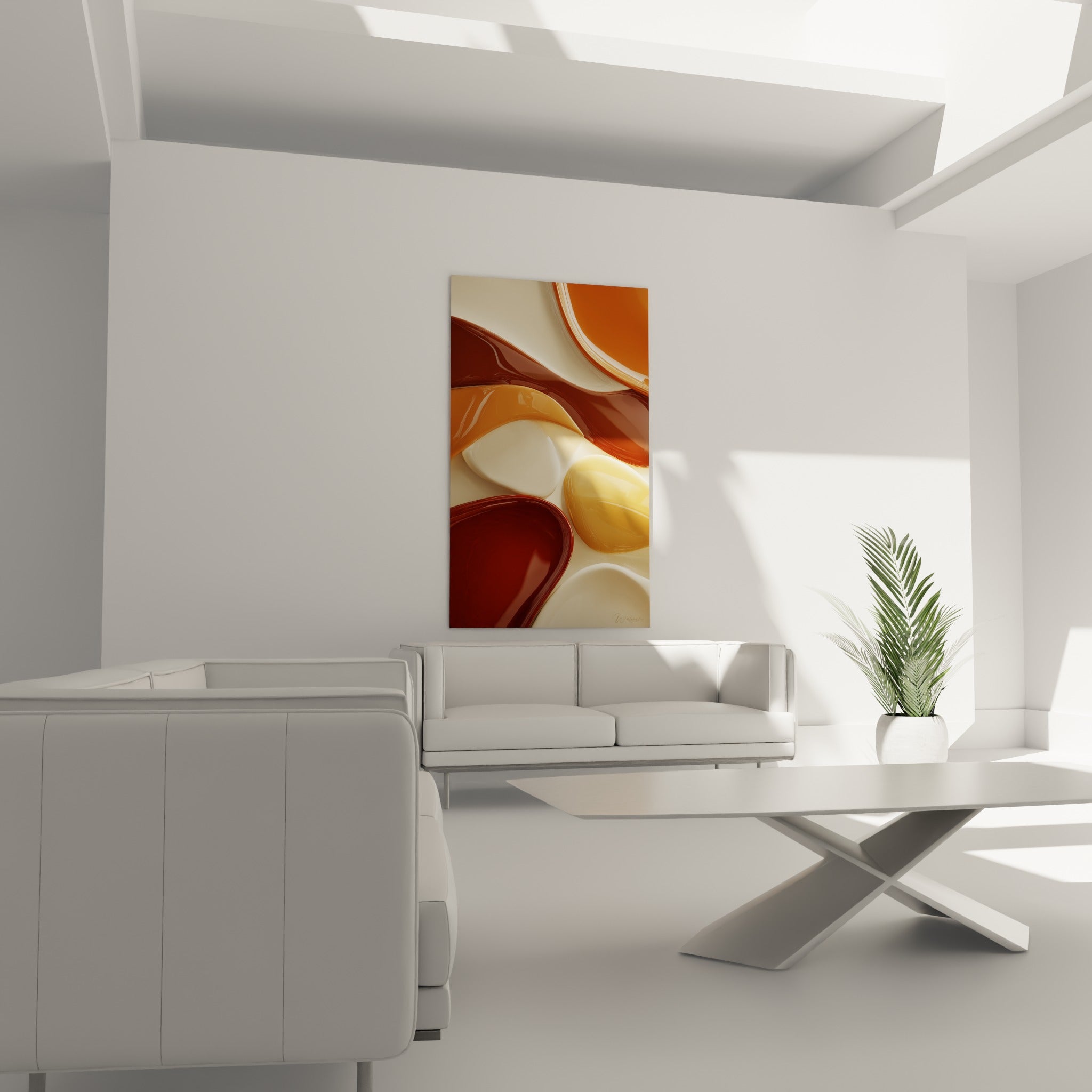 Galets colorés ocre et blanc cassé du tableau terracotta accrochés au-dessus d'un canapé dans un salon lumineux