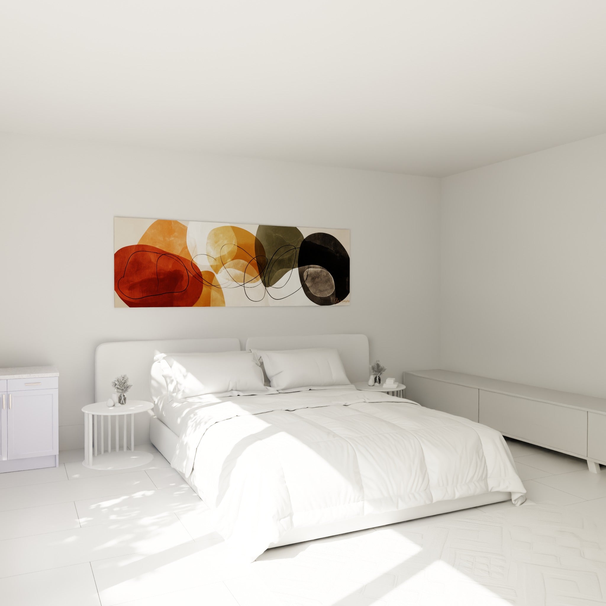 Galets abstraits rouille et vert olive entrelacés d'un trait noir, accrochés au-dessus d'un lit dans une chambre claire