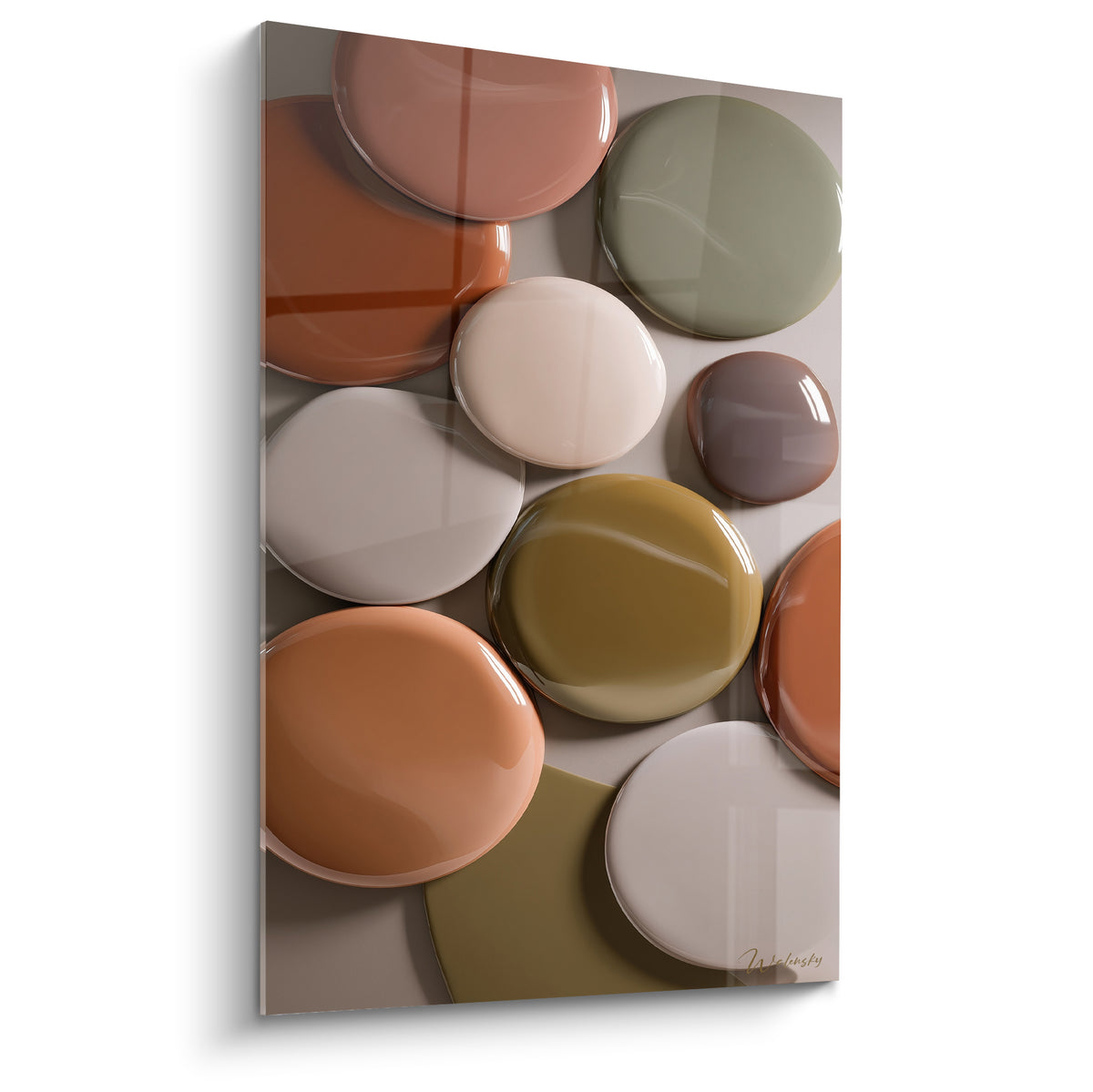 Galets ronds terracotta, vert sauge et ocre superposés en composition graphique lumineuse sur fond beige