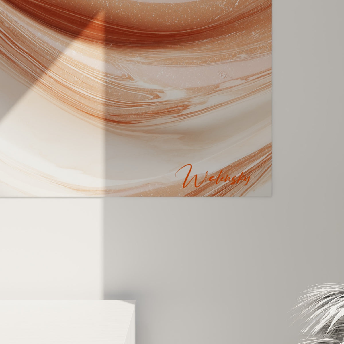Grain marbré révélant coulures terracotta et reflets blanc crème sur la toile accrochée