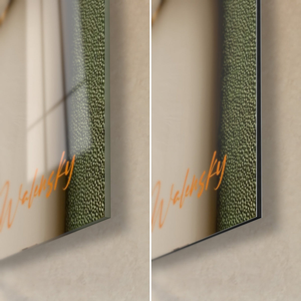 Tableau arches ivoire et vert mousse texturé, coin bas droit : verre acrylique brillant à gauche, Dibond mat à droite, tranche de 3 mm
