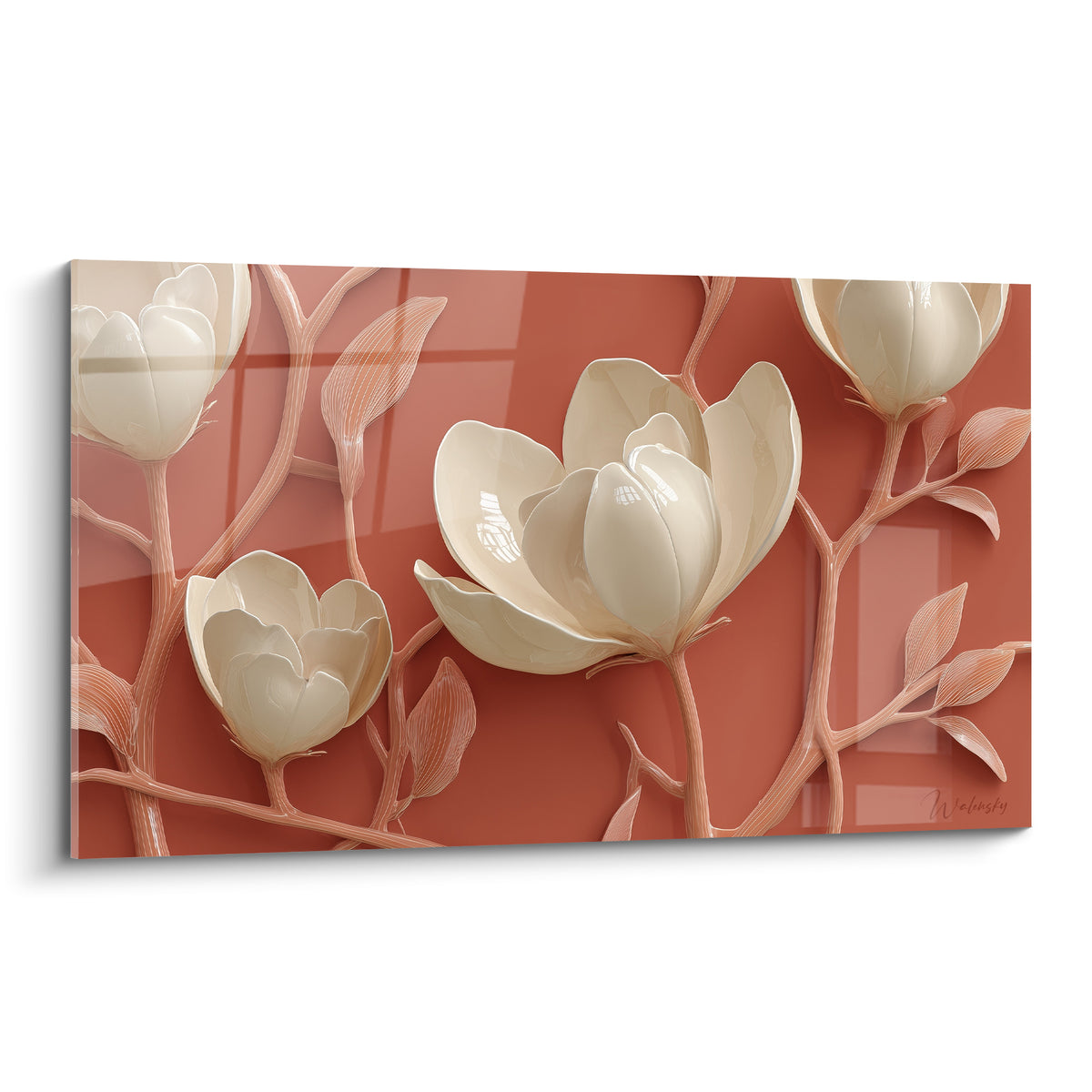 Magnolias ivoire sculptés en relief sur fond terracotta, pétales lumineux et tiges rosées