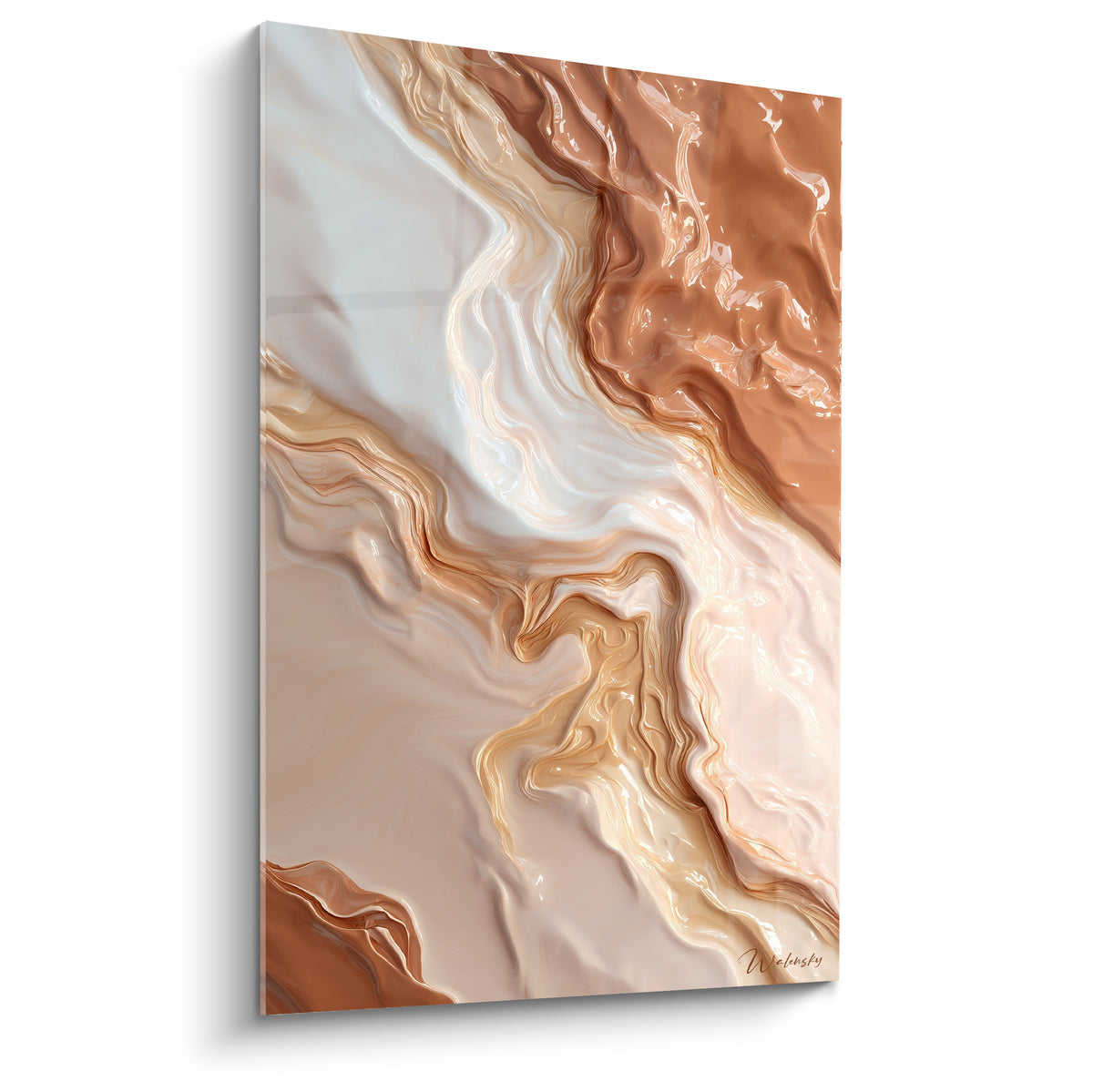 Marbrure terracotta et blanche aux volutes cuivrées, effet minéral fluide sur toile