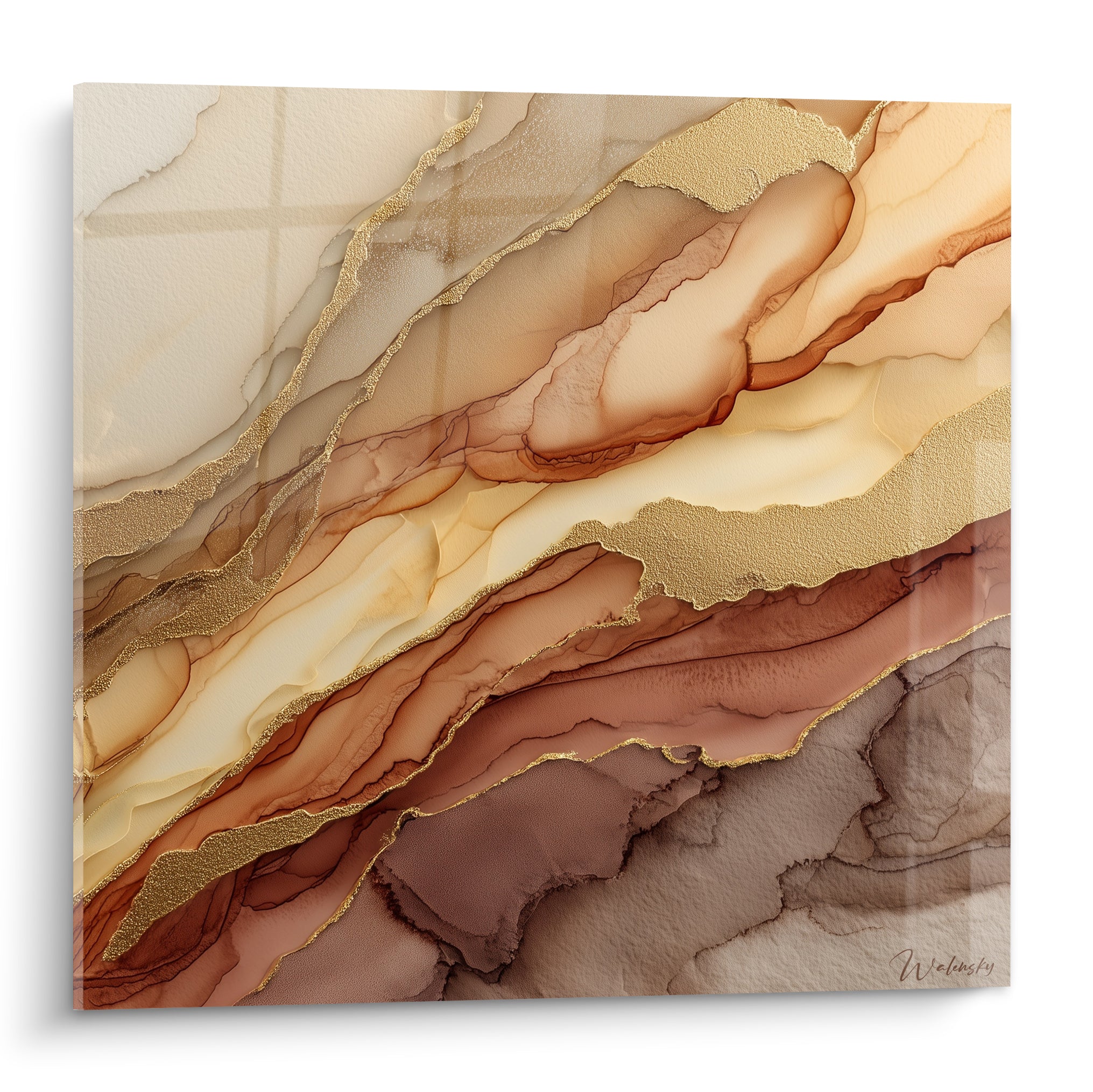 Marbrure terracotta et dorée fluide, dégradé ivoire, brun anthracite et or en composition abstraite