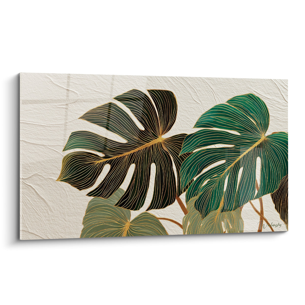 Feuilles de monstera vert profond et noir bronze aux nervures dorées sur fond ivoire texturé