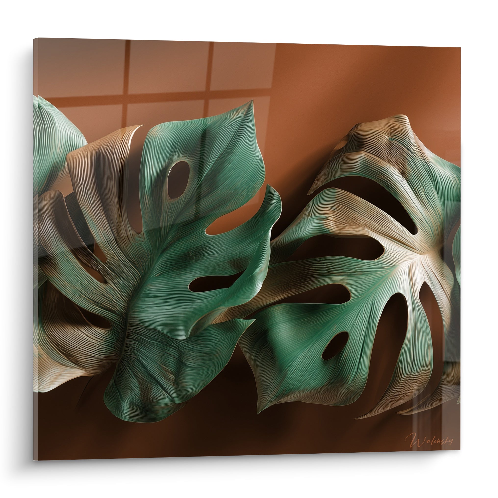 Feuilles de monstera vert émeraude et brun terracotta sculptées avec nervures détaillées sur fond argile