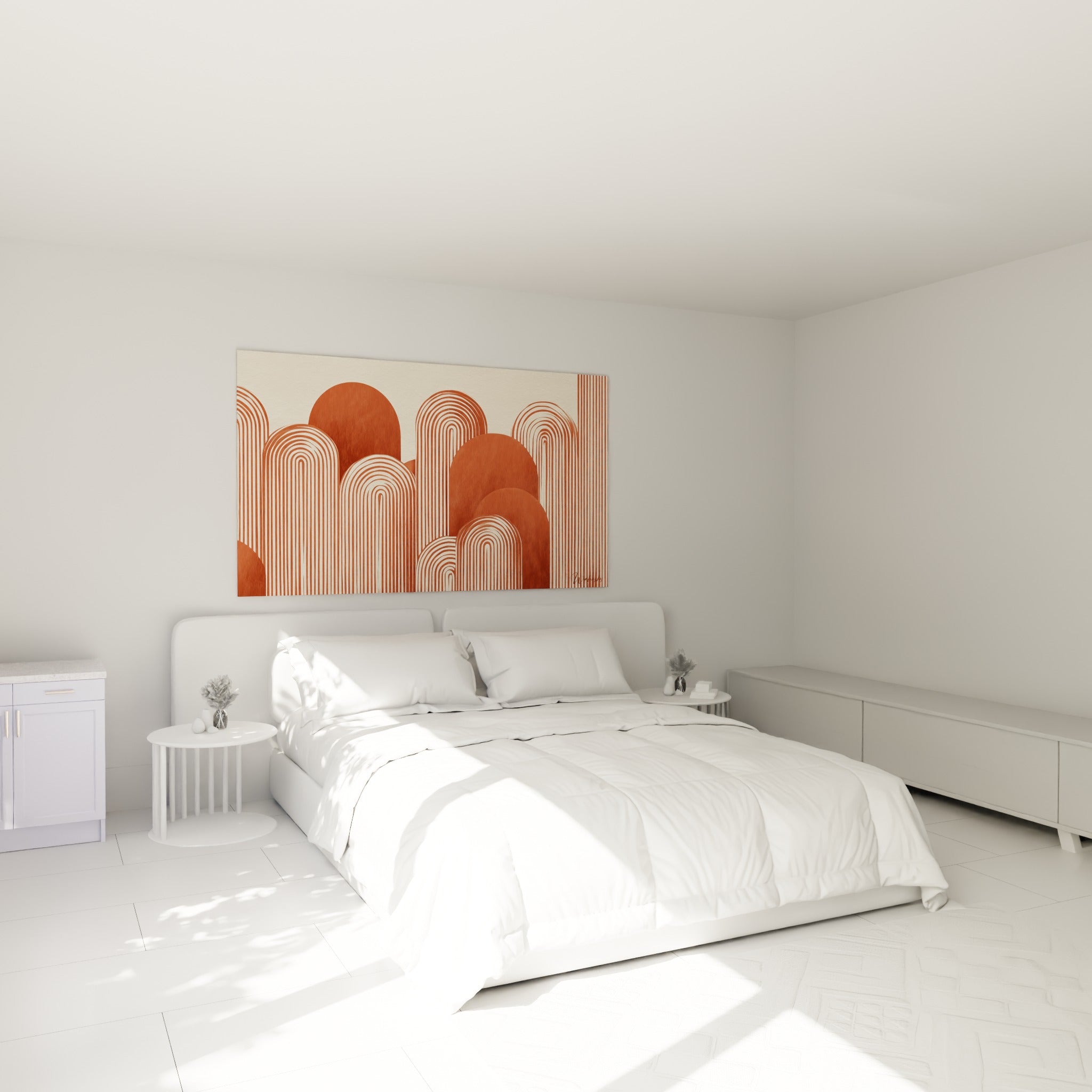 Motif d'arches brique et blanc cassé accroché au-dessus d'un lit dans une chambre claire