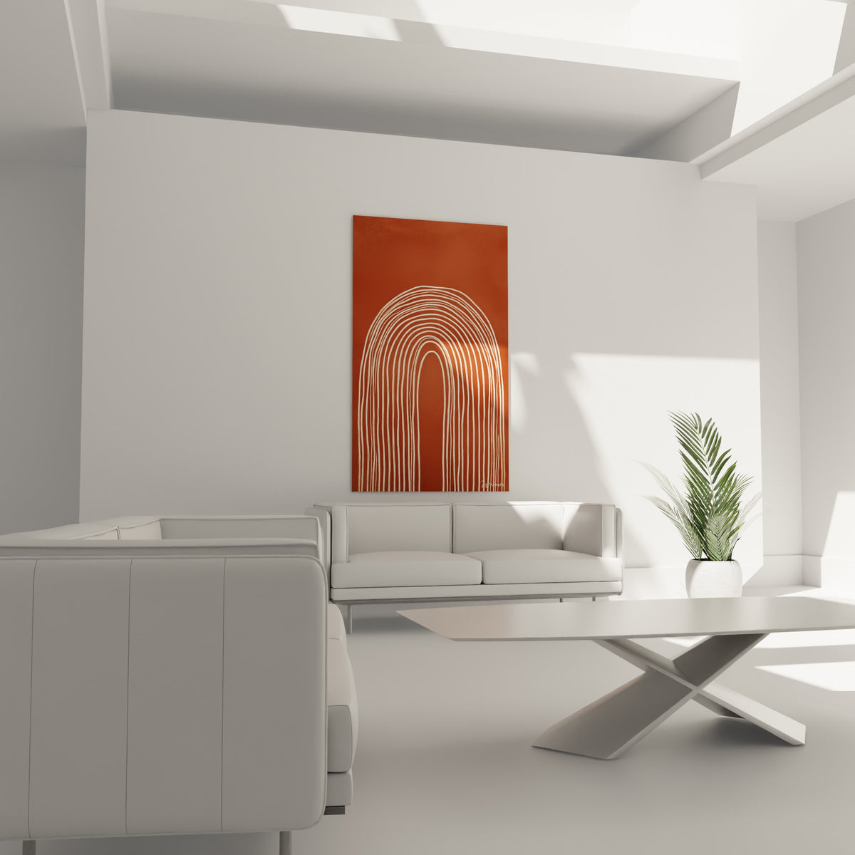 Motif arqué crème et brique aux tracés irréguliers, disposé au-dessus d'un canapé dans un salon lumineux
