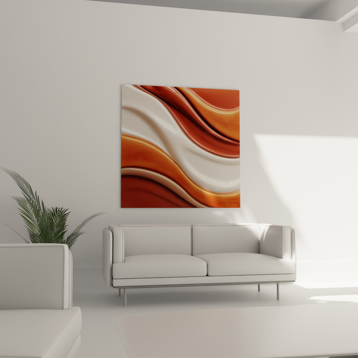Mouvement ondulant orange brûlé et blanc nacré au-dessus d'un canapé dans un salon lumineux