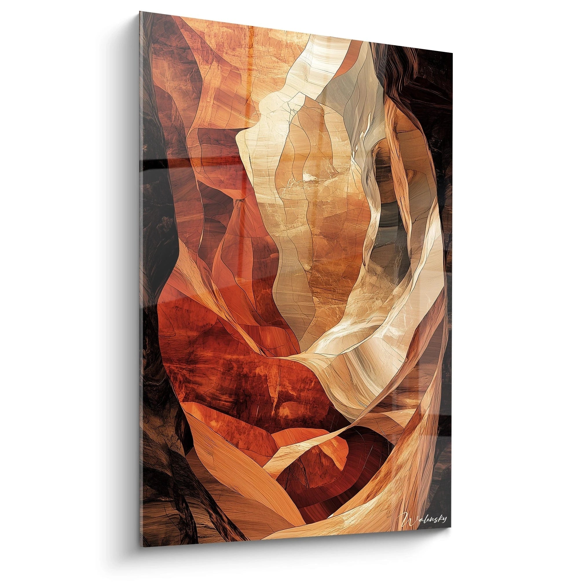 Un tableau terracotta nature composé de formes abstraites fluides en beige, marron et orange, avec des textures striées et des effets de superposition évoquant des surfaces rocheuses sculptées.