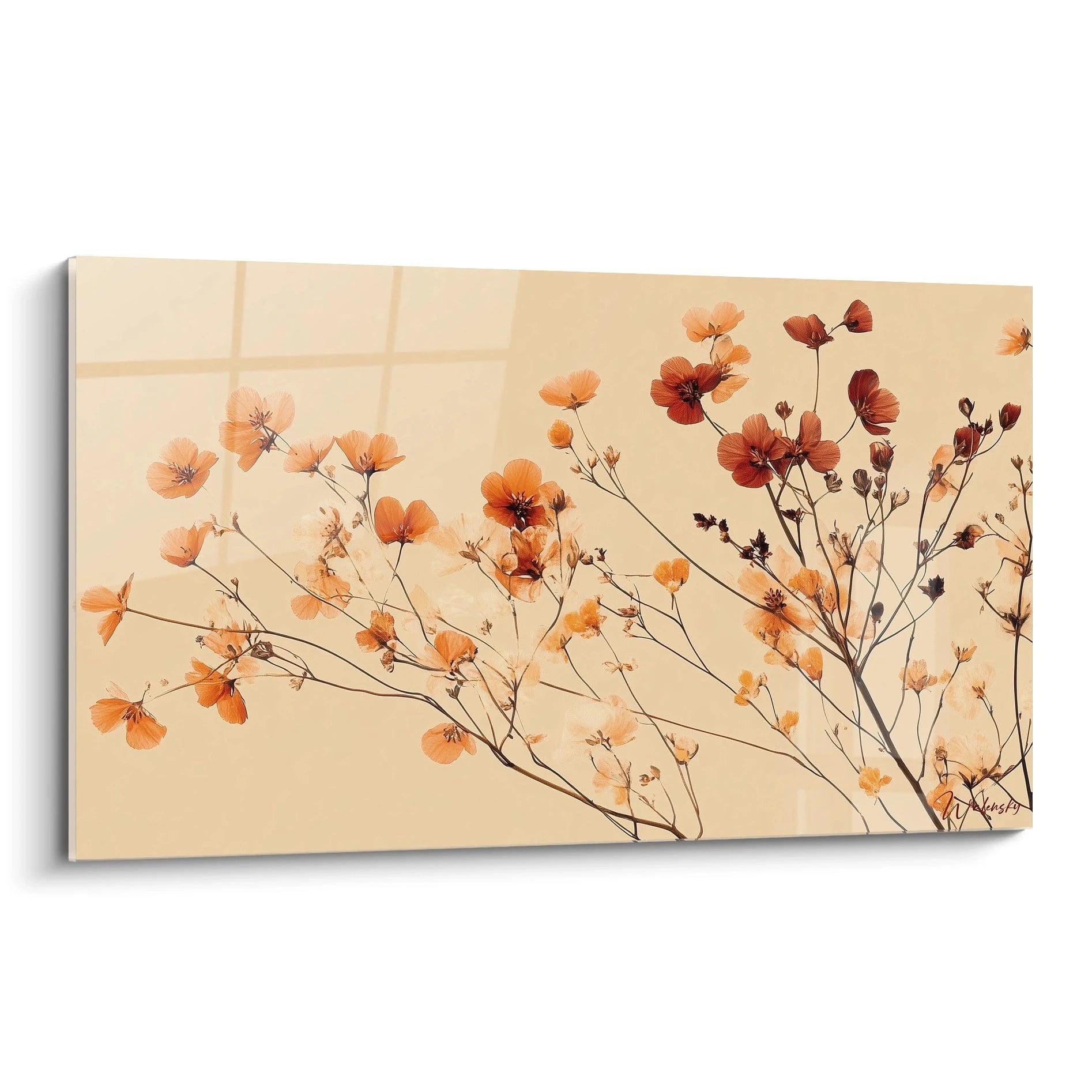 Un tableau terracotta nature montrant des branches et des fleurs de teintes orangées, beiges et brunes, avec des textures douces et un fond clair qui met en valeur les formes délicates.