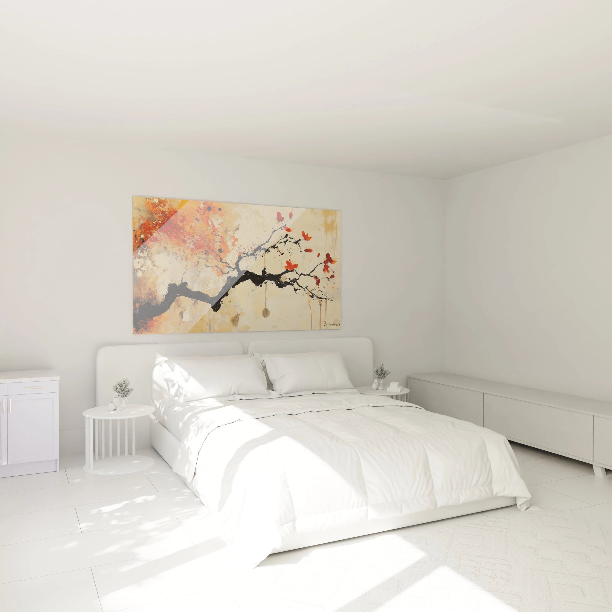 Un tableau terracotta nature illustrant une composition abstraite avec un tronc sombre contrastant avec des teintes chaudes de rouge et orange, sur un fond beige marqué par des projections de peinture.