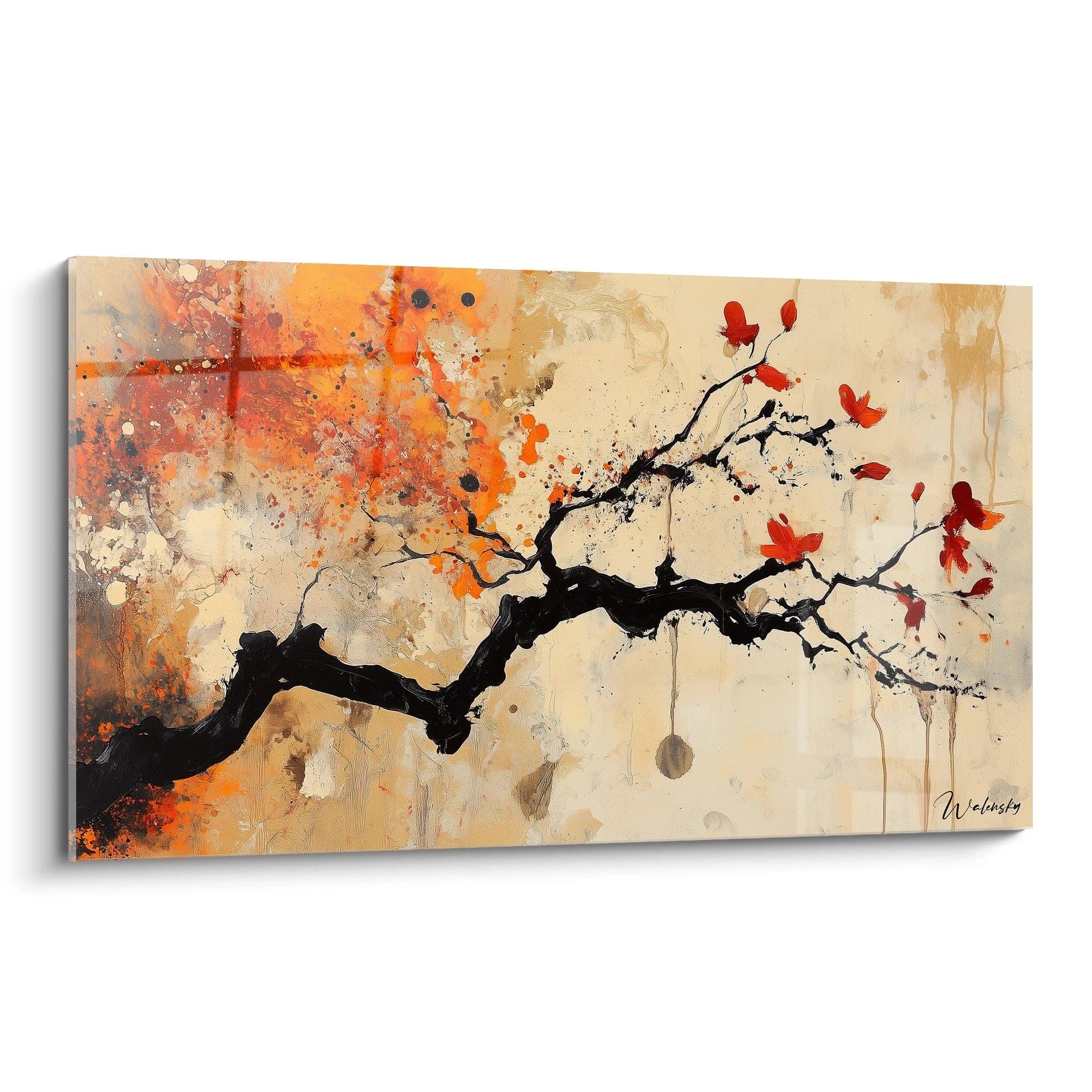 Un tableau terracotta nature représentant une branche noire aux lignes sinueuses, avec des touches de rouge, d’orange et de beige sur un fond texturé, aux effets de coulures et éclats de peinture.