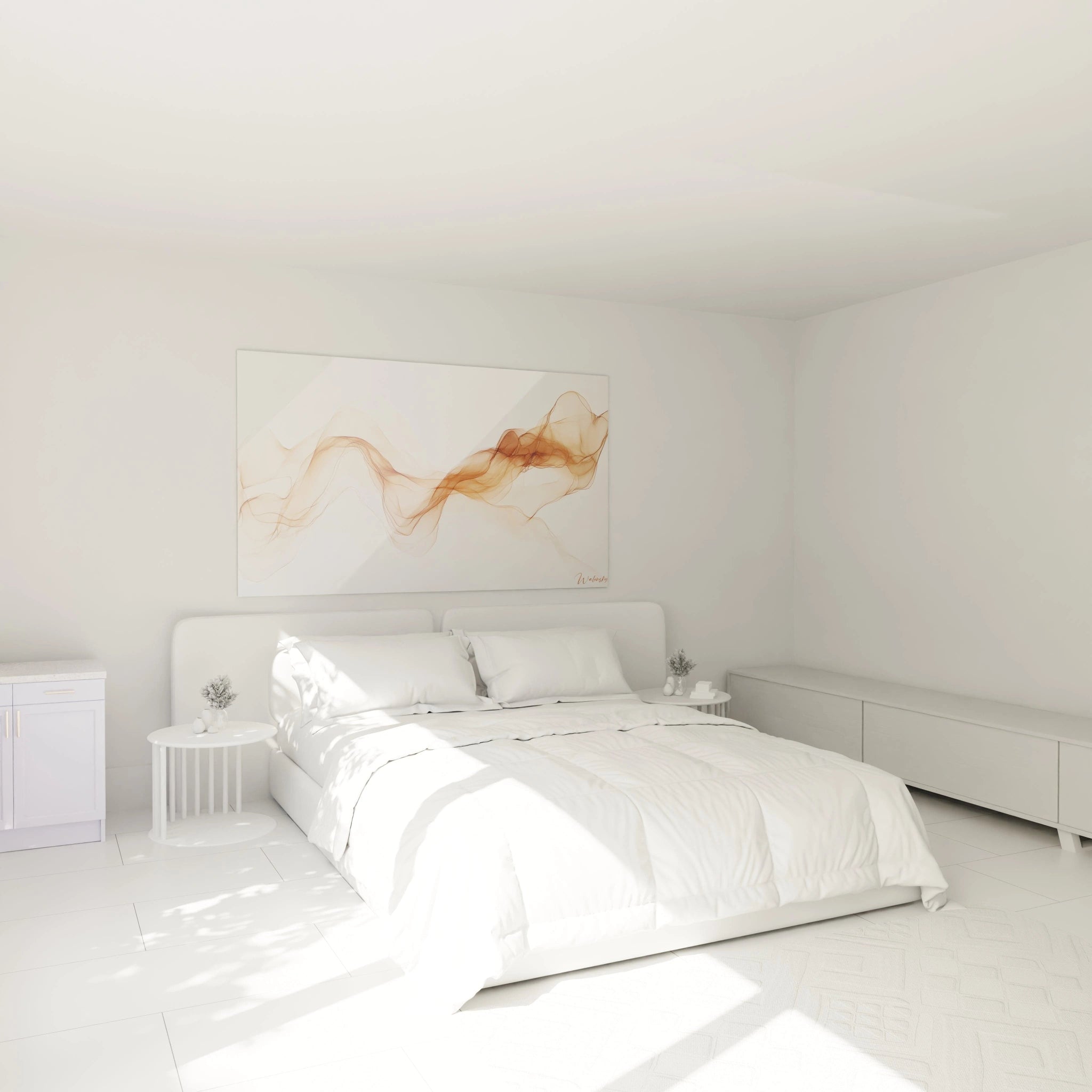 Tableau terracotta nature aux lignes ondulantes en tons marron et beige, avec un effet vaporeux et des transitions de couleurs douces sur une surface lisse et homogène.