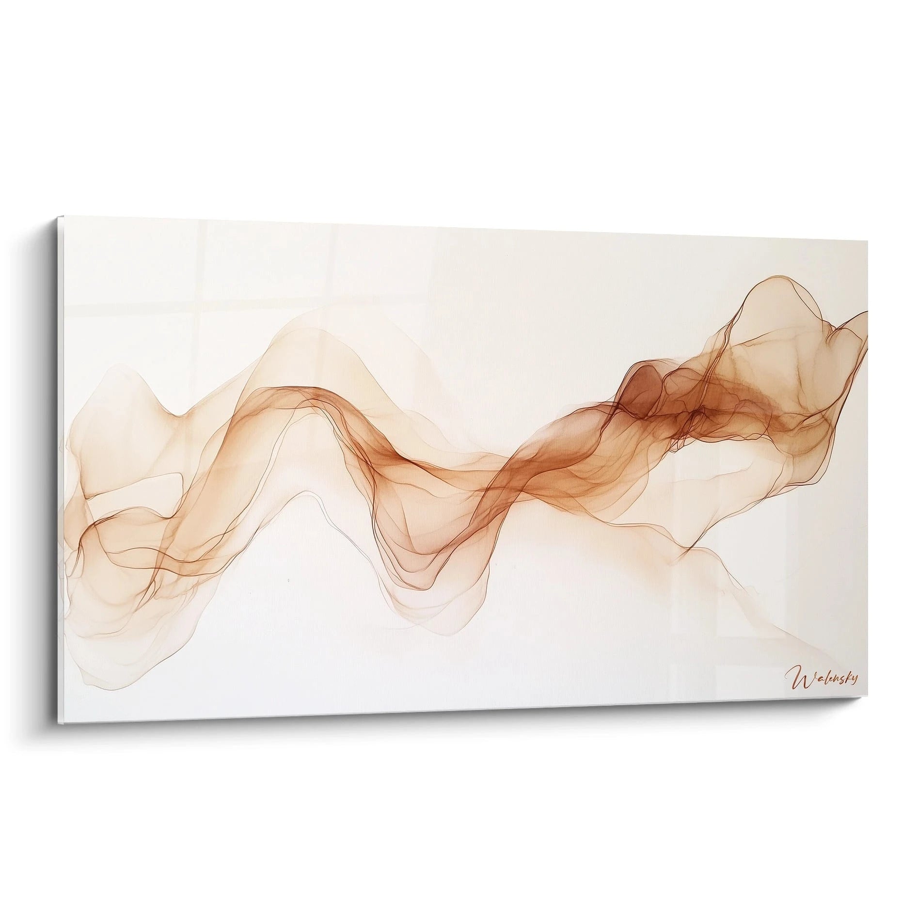 Un tableau terracotta nature présentant des formes fluides en nuances de marron, beige et blanc, avec des effets de transparence et de superposition sur un fond clair.