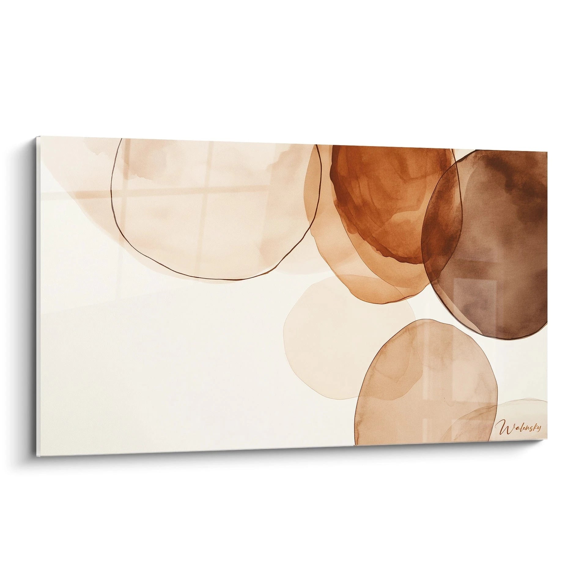 Un tableau terracotta nature représentant des formes circulaires superposées, aux teintes de marron, beige et bronze. Les textures sont douces et translucides, avec des lignes fines et légÚres visibles sur les bords.