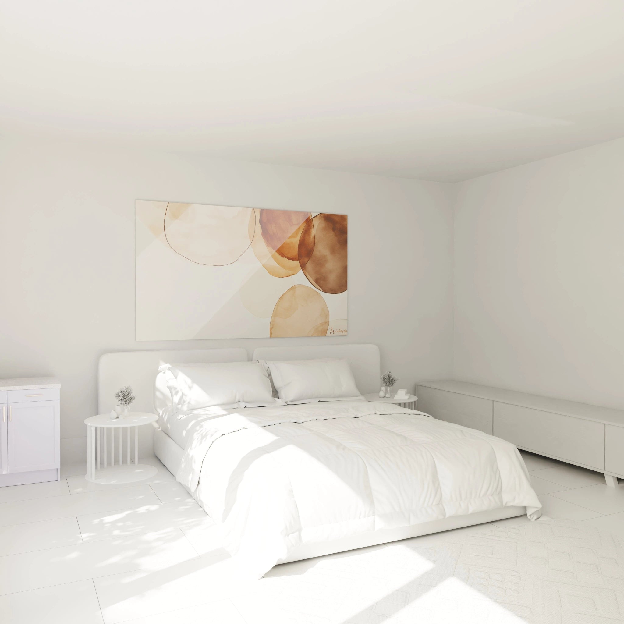 Ce tableau terracotta nature met en avant des formes organiques flottantes dans des tons de marron, beige et bronze. La texture est fluide, avec des superpositions légÚres et des contours subtils.