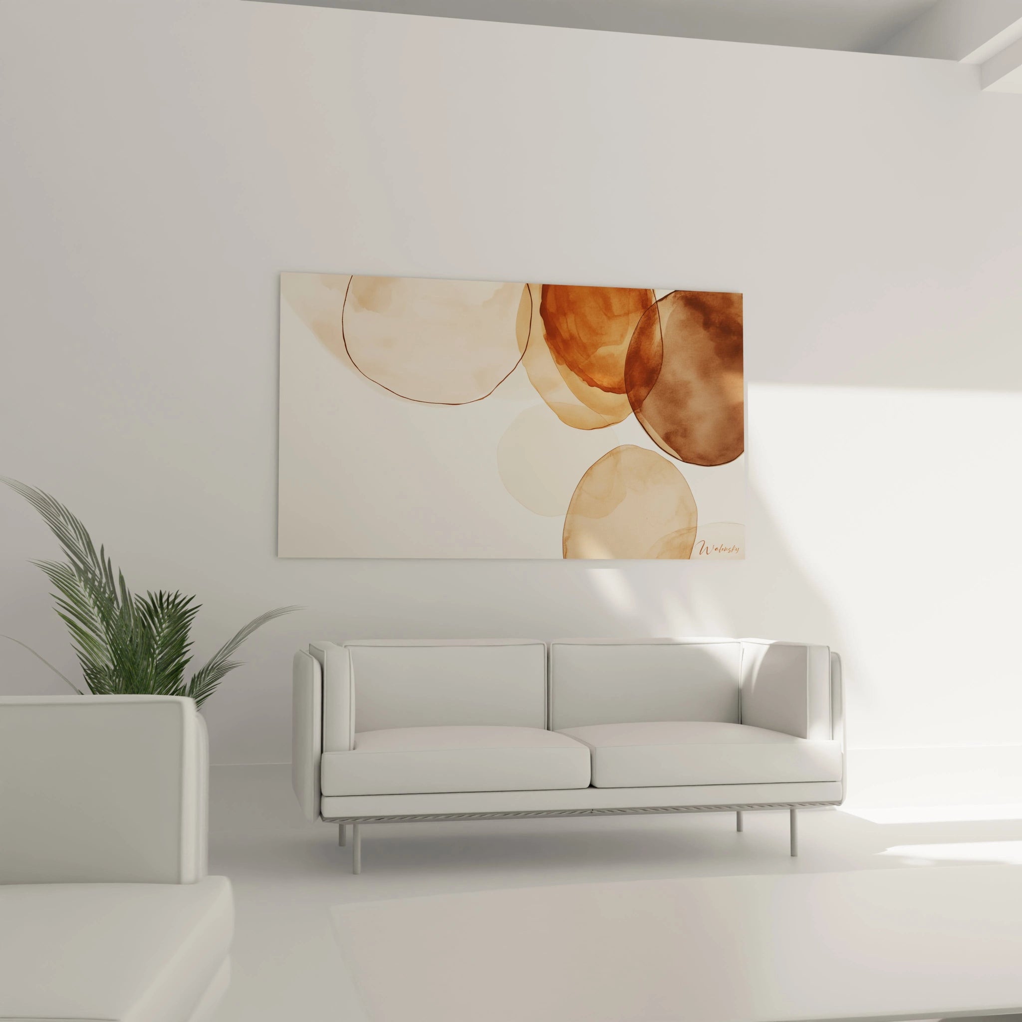 Un tableau terracotta nature avec des cercles de différentes tailles en marron, beige et bronze. Les effets visuels sont transparents, avec une légÚre variation de teintes créant une texture aérée et douce.