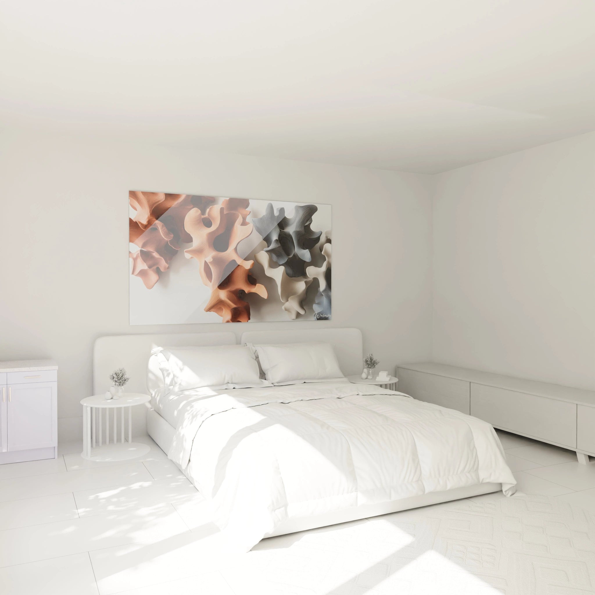 Tableau terracotta nature présentant des structures abstraites en relief, avec des nuances de terracotta, gris foncé et beige. La texture marquée offre un effet visuel dynamique sur un fond minimaliste.