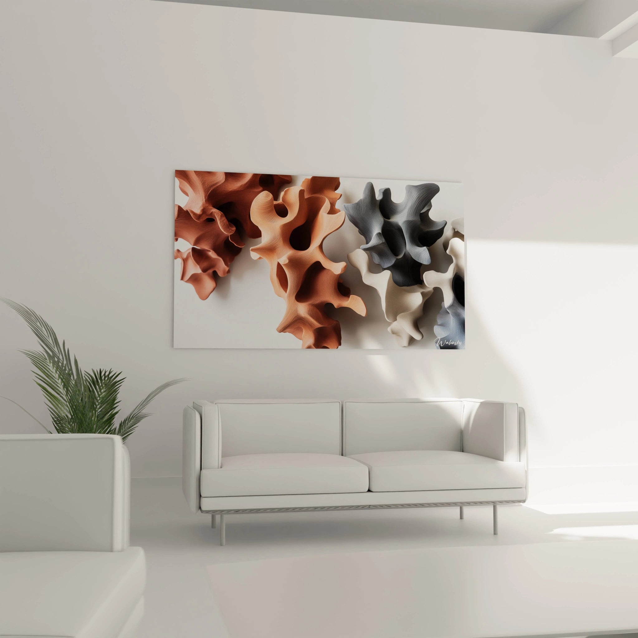 Ce tableau terracotta nature montre des formes fluides et entrelacées, composées de teintes terracotta, gris clair et beige. Les textures lisses et striées créent un effet de profondeur dans l’œuvre.