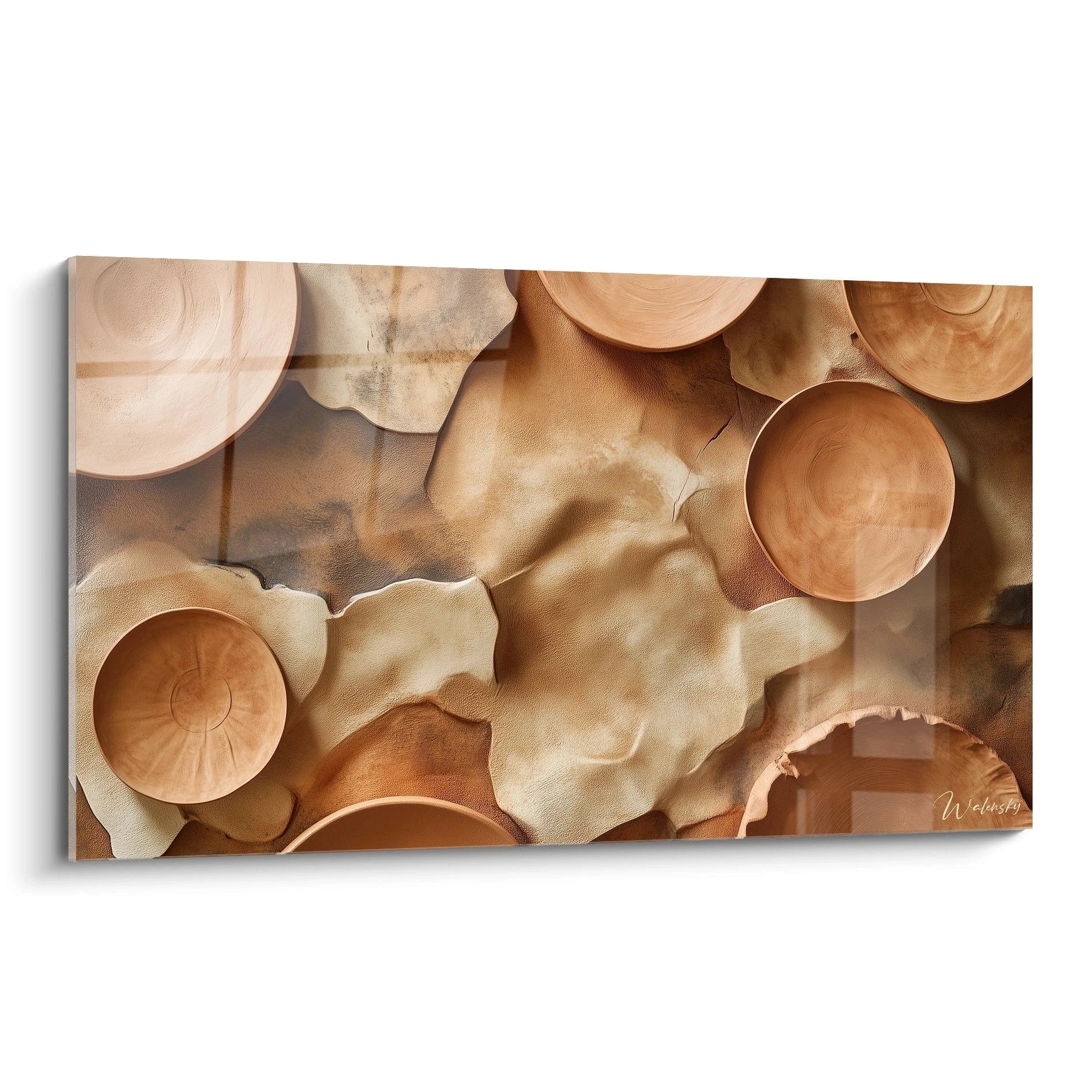 Un tableau terracotta nature avec des formes organiques et arrondies. Les couleurs principales sont le marron, le beige et le bronze. Les textures sont variées, avec des reliefs et des superpositions de couches.