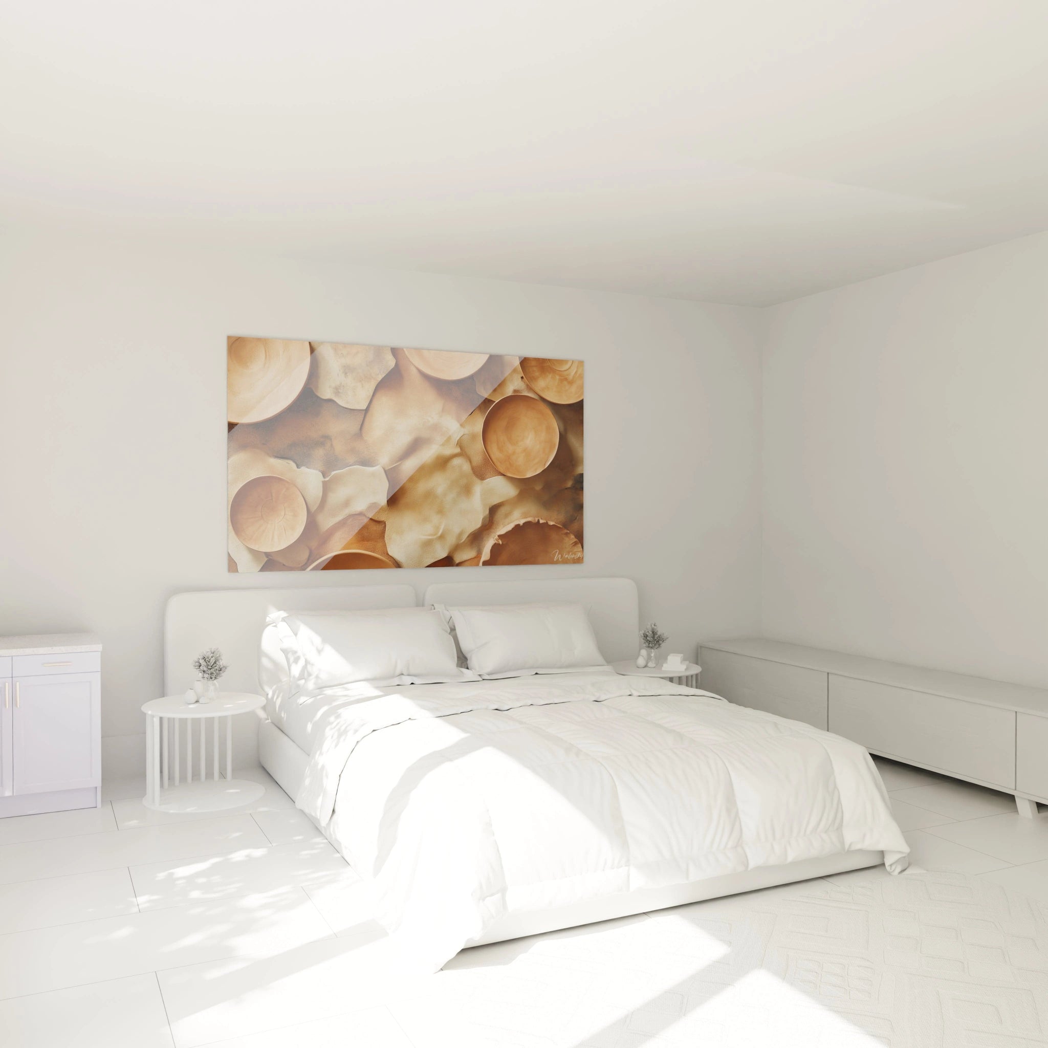 Tableau terracotta nature montrant des formes circulaires disposées de maniÚre asymétrique. Les teintes dominantes sont le beige, le marron et le bronze, avec des textures douces et irréguliÚres.