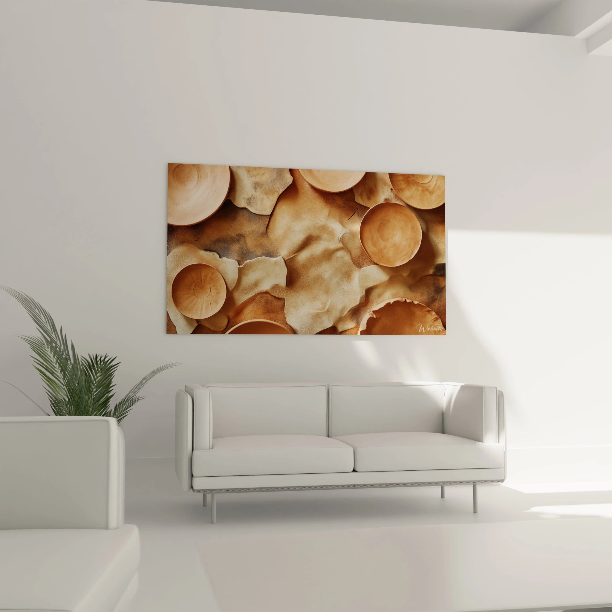 Un tableau terracotta nature représentant des éléments de formes arrondies sur un fond texturé. Les couleurs principales incluent le marron, le beige et le bronze, avec des effets de relief et de craquelures visibles.