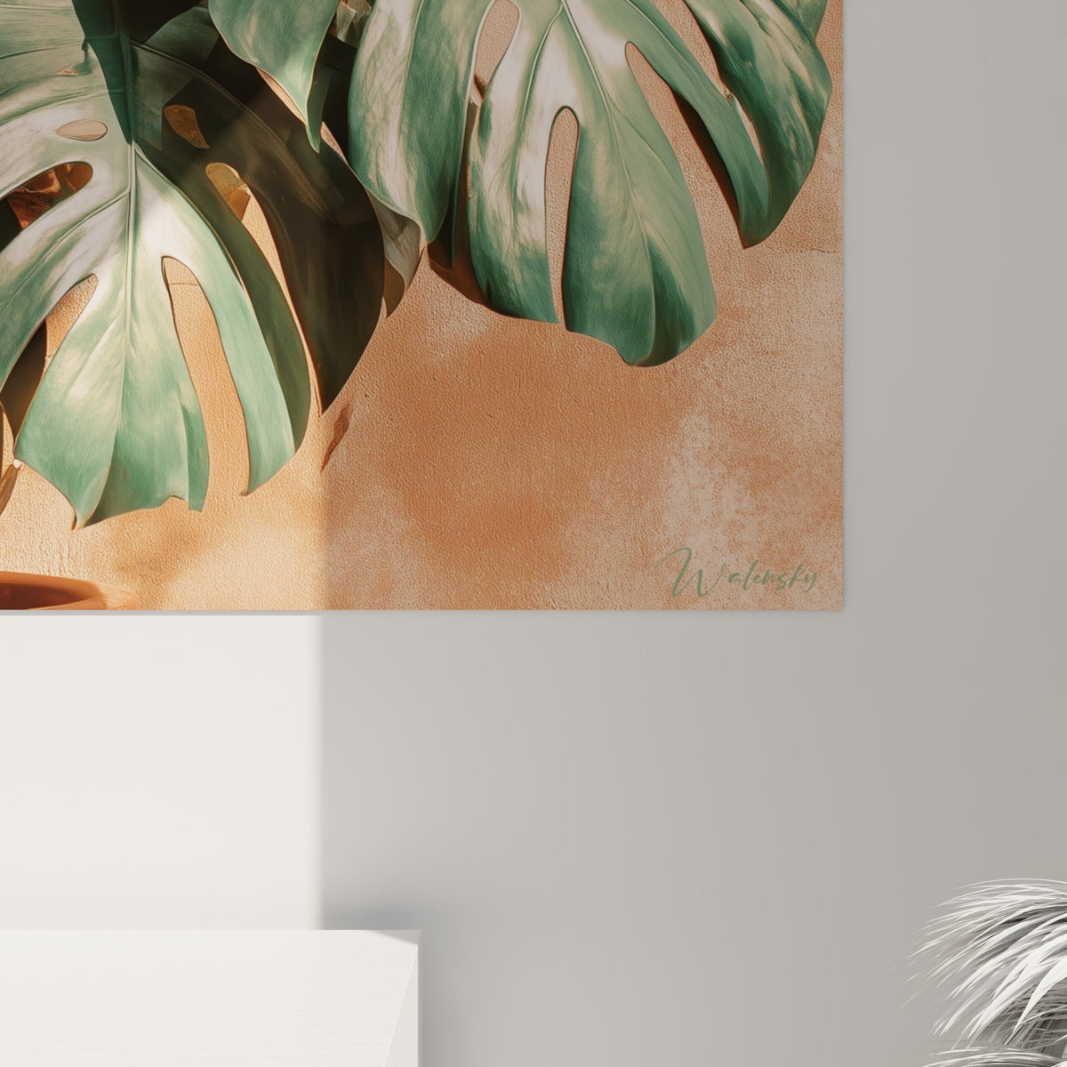 Nervures détaillées du monstera, textures terracotta et vert olive, empâtements visibles sous lumière rasante