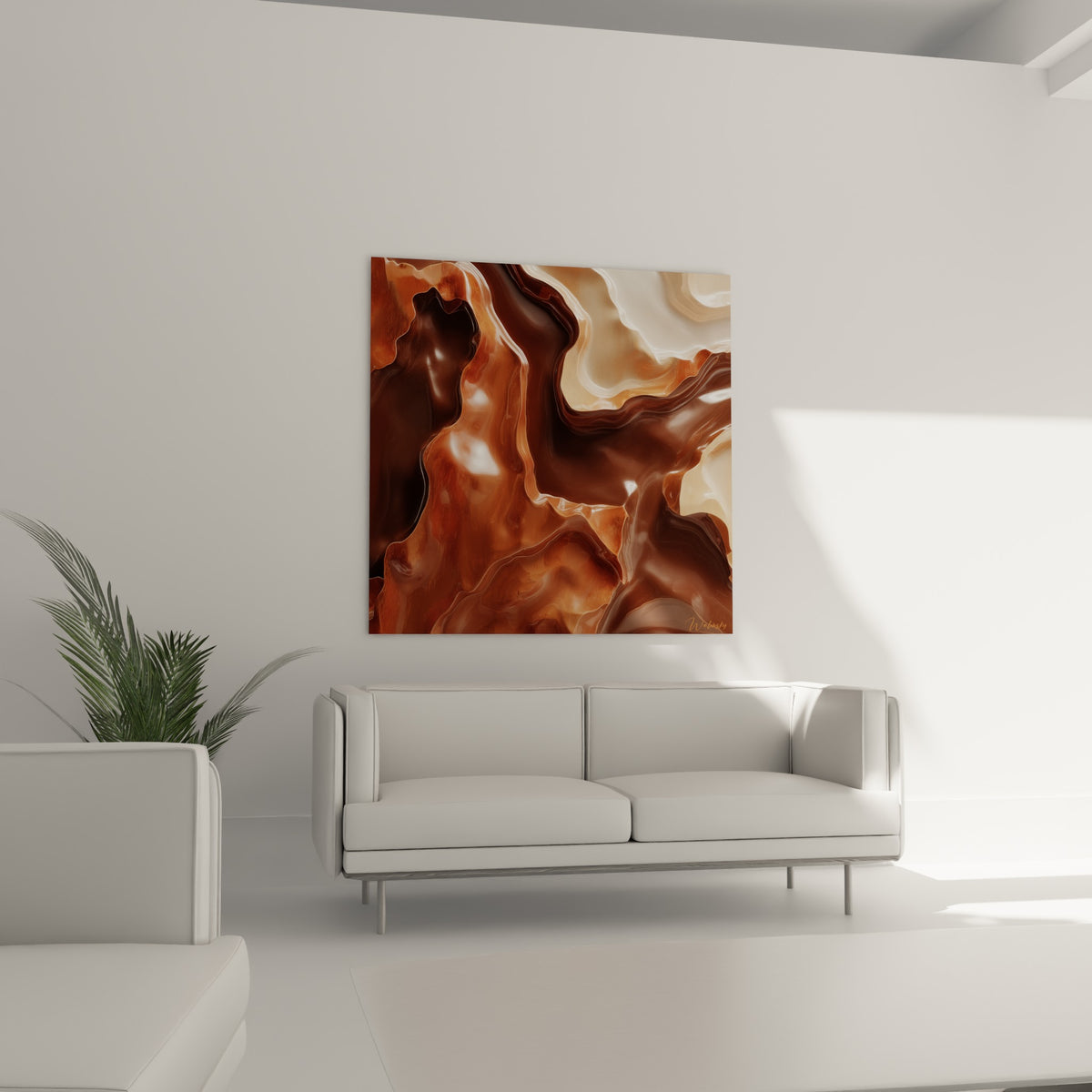Vagues fluides Terracotta en brun cuivré et beige clair au-dessus d'un canapé dans un salon lumineux