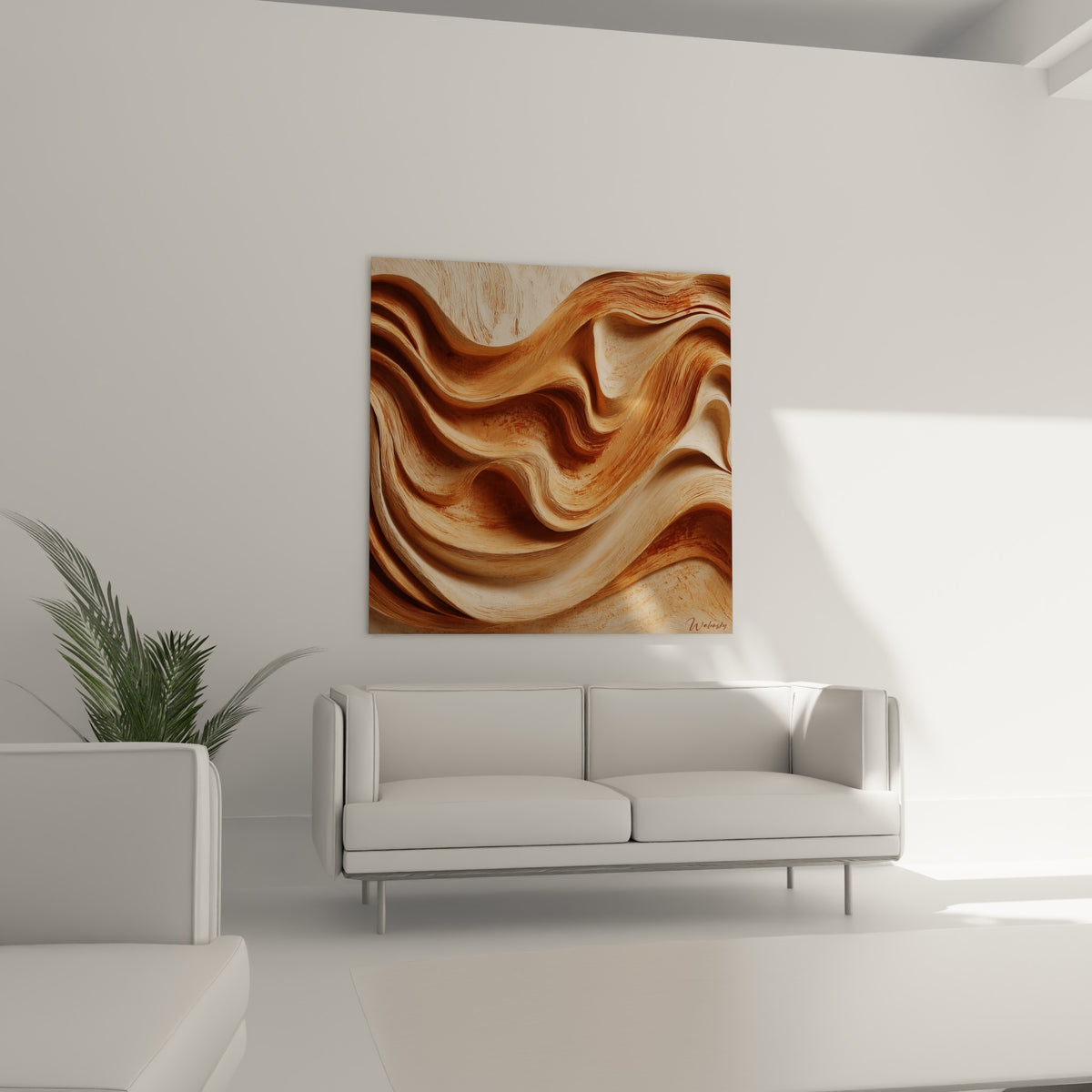 Ondulations beige et terracotta de ce tableau sculpté, suspendues au-dessus d'un canapé dans un salon lumineux