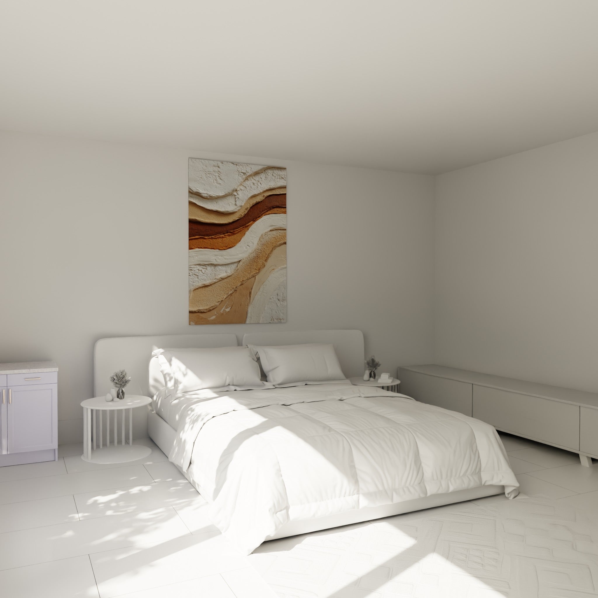 Vagues sculptées en blanc et brun terracotta, tableau Terracotta au-dessus d'un lit dans une chambre claire