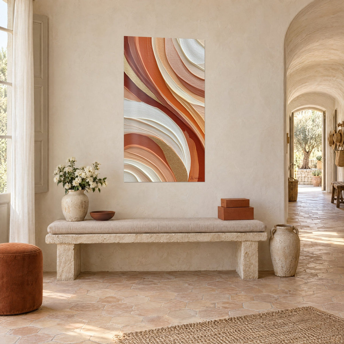 Wall art with thick paint ripples in terracotta and ivory, gold line, above a stone bench in a Provençal farmhouse