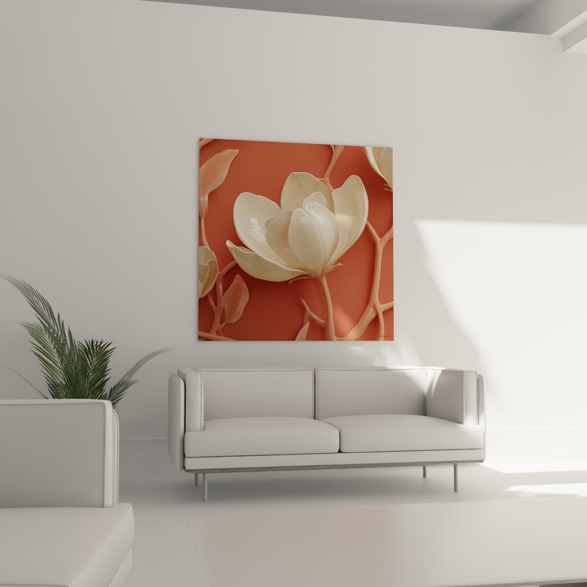 Fleur crème aux courbes sculptées se détachant d'un fond terracotta quadrillé, au-dessus d'un canapé dans un salon lumineux