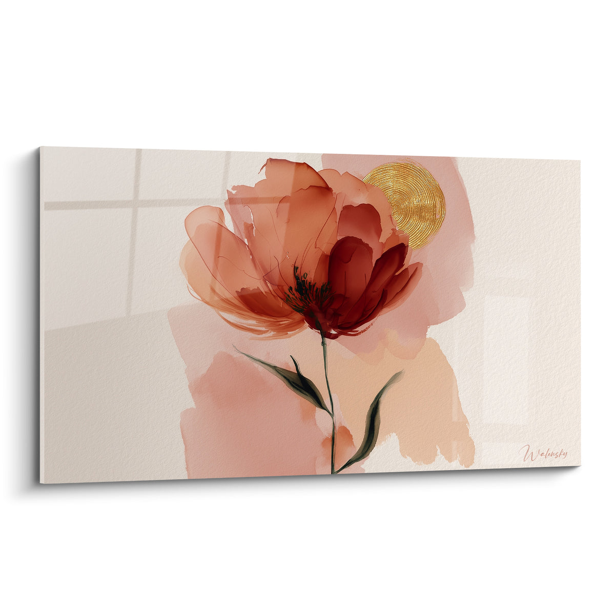 Pivoine terracotta et bordeaux à l'aquarelle, médaillon doré, fond rose poudré et crème délicat