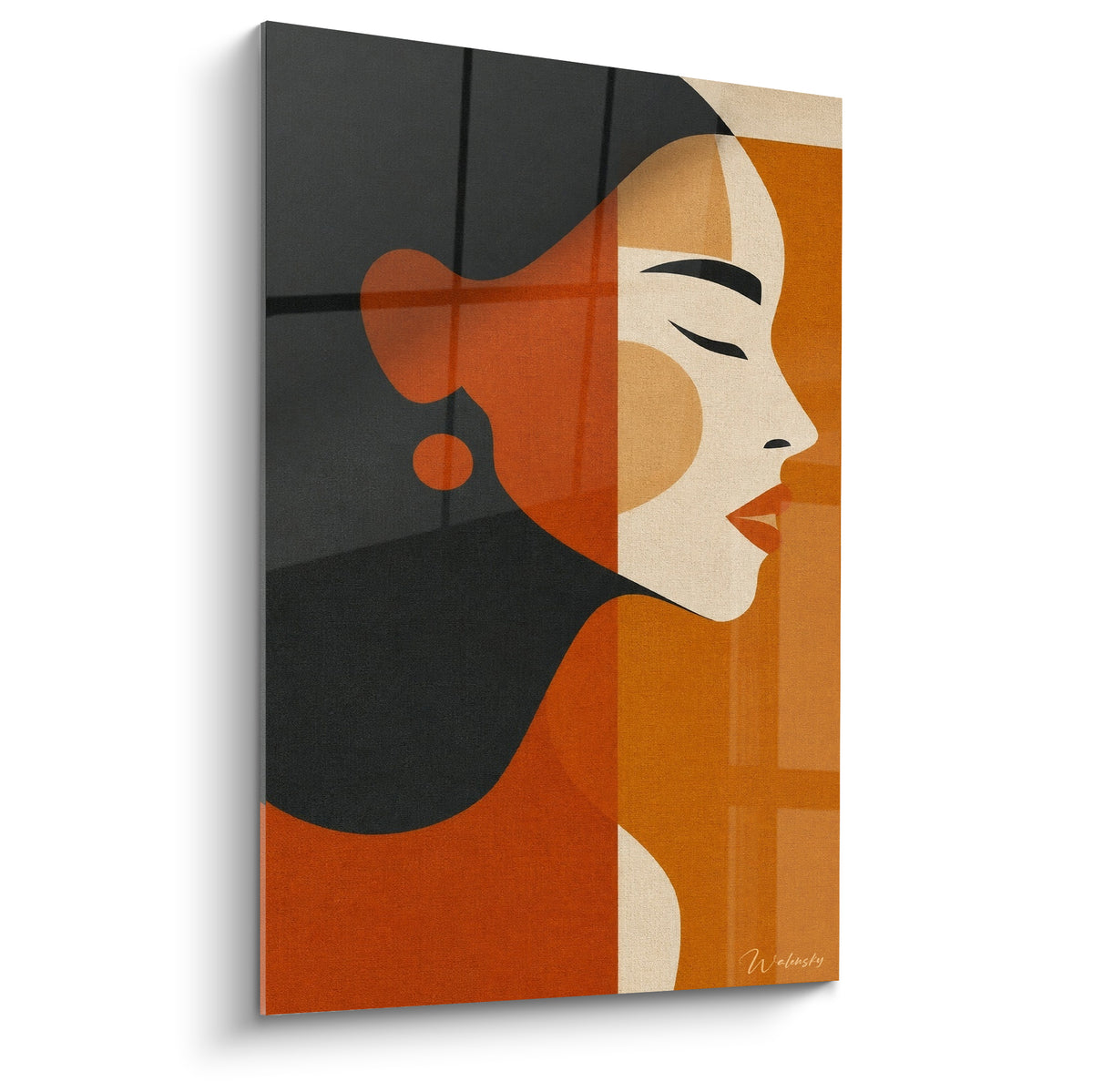Profil féminin stylisé aux teintes terracotta et anthracite, boucle d'oreille ronde, lèvres orangées