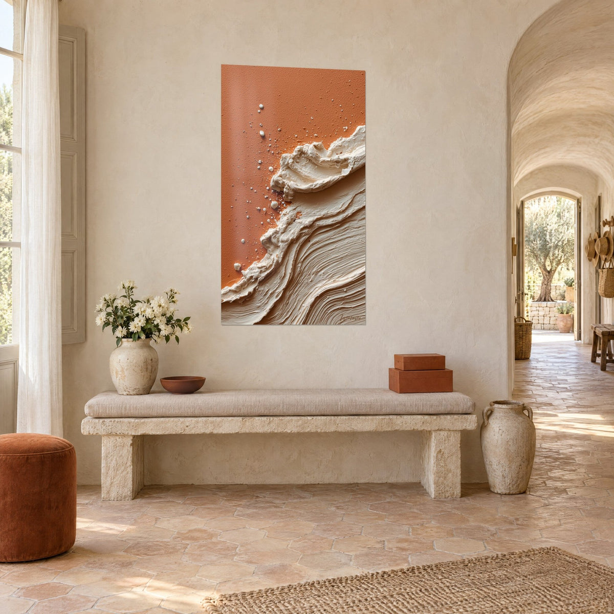 Wall art frozen tide in ivory relief on terracotta orange, rippled furrows, whitewashed wall of a Provençal farmhouse
