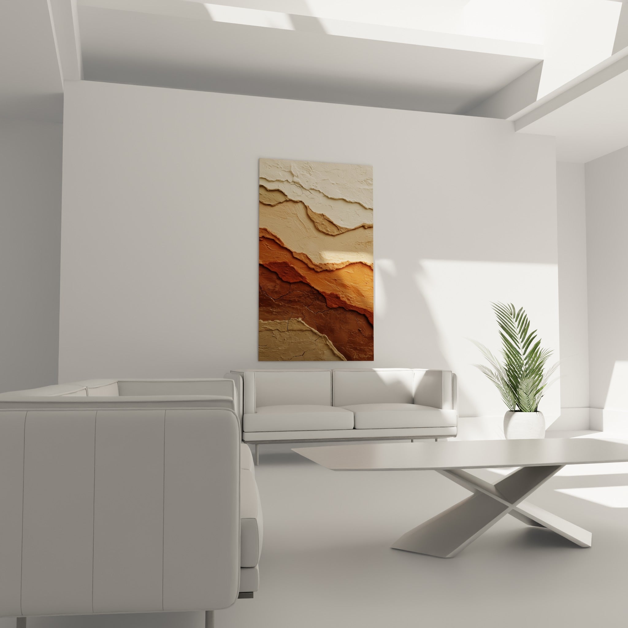 Reliefs terreux crème et brique du tableau terracotta, disposés au-dessus d'un canapé dans un salon lumineux