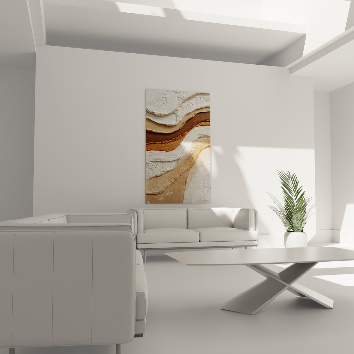 Courbes minérales en ocre et blanc texturé, tableau Terracotta au-dessus d'un canapé dans un salon lumineux