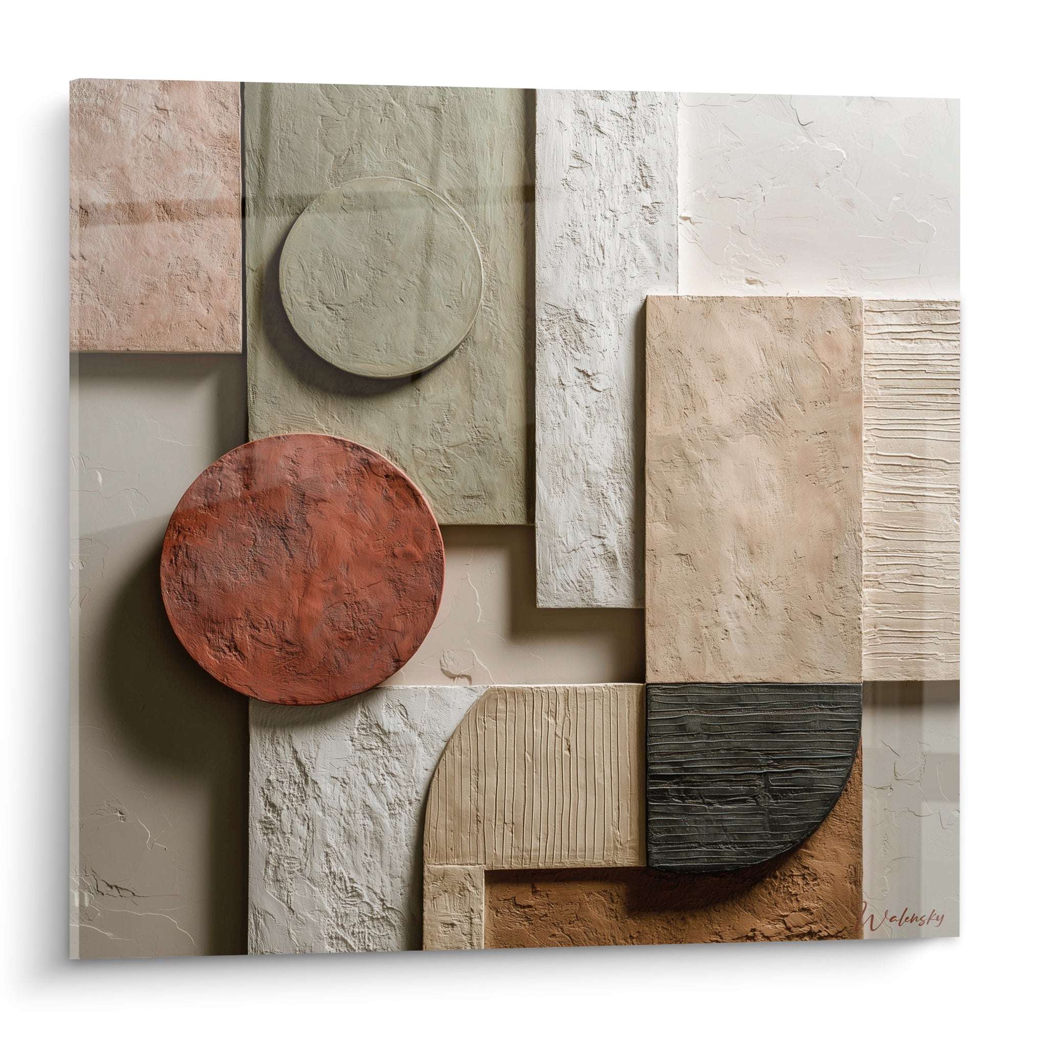 Composition terracotta et sauge en relief, cercles et rectangles texturés aux tons ocre et beige