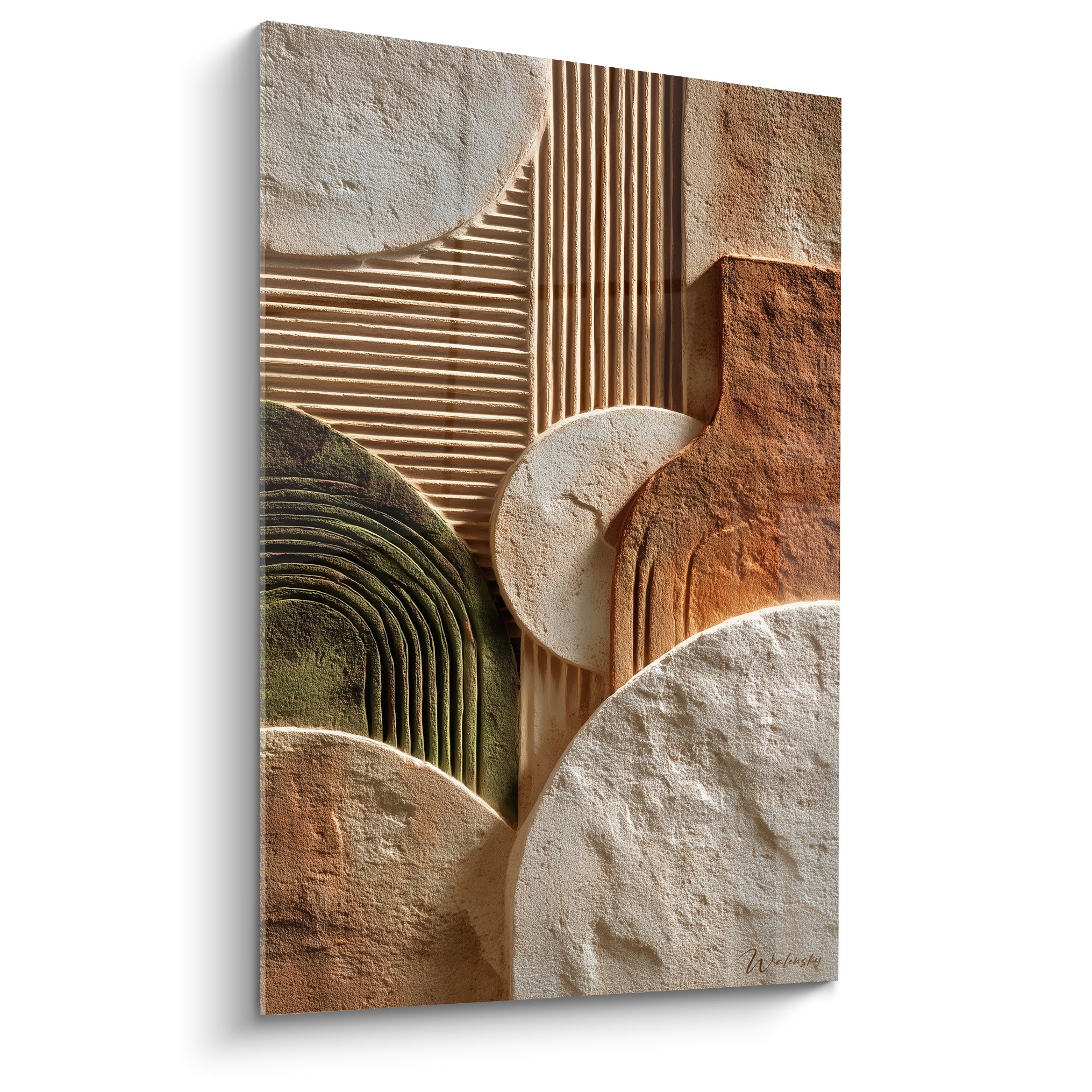 Relief sculpté terracotta aux courbes crème et rouille, stries dorées et touche de vert sauge en pleine lumière.