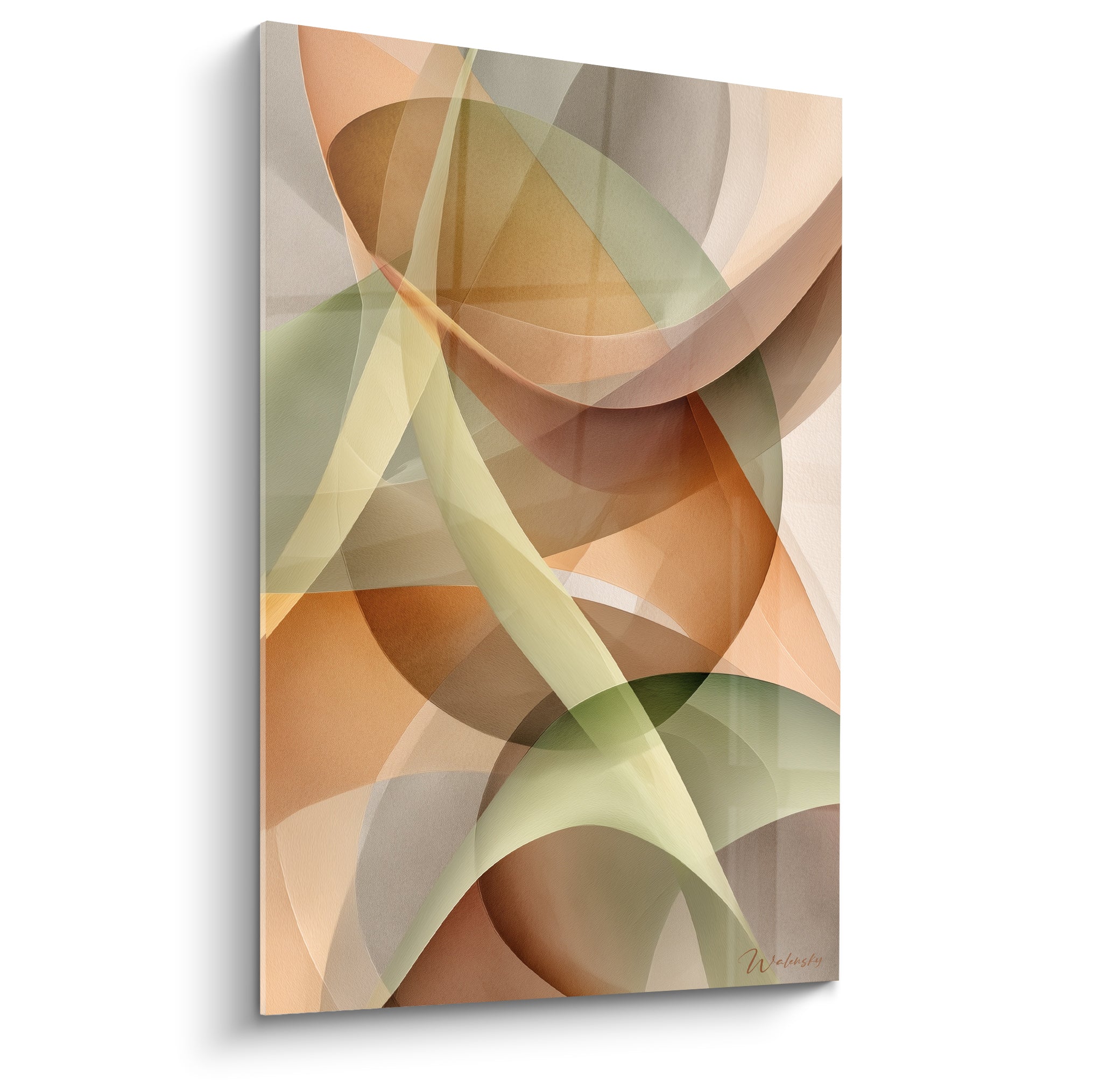 Rubans abstraits terracotta et vert sauge entrelacés, courbes fluides sur fond beige clair