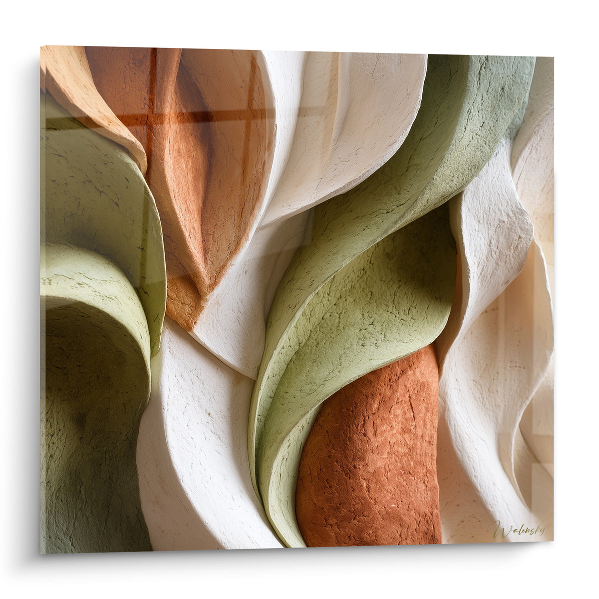 Courbes sculptées en vert sauge et terracotta se déployant sur fond blanc crème texturé
