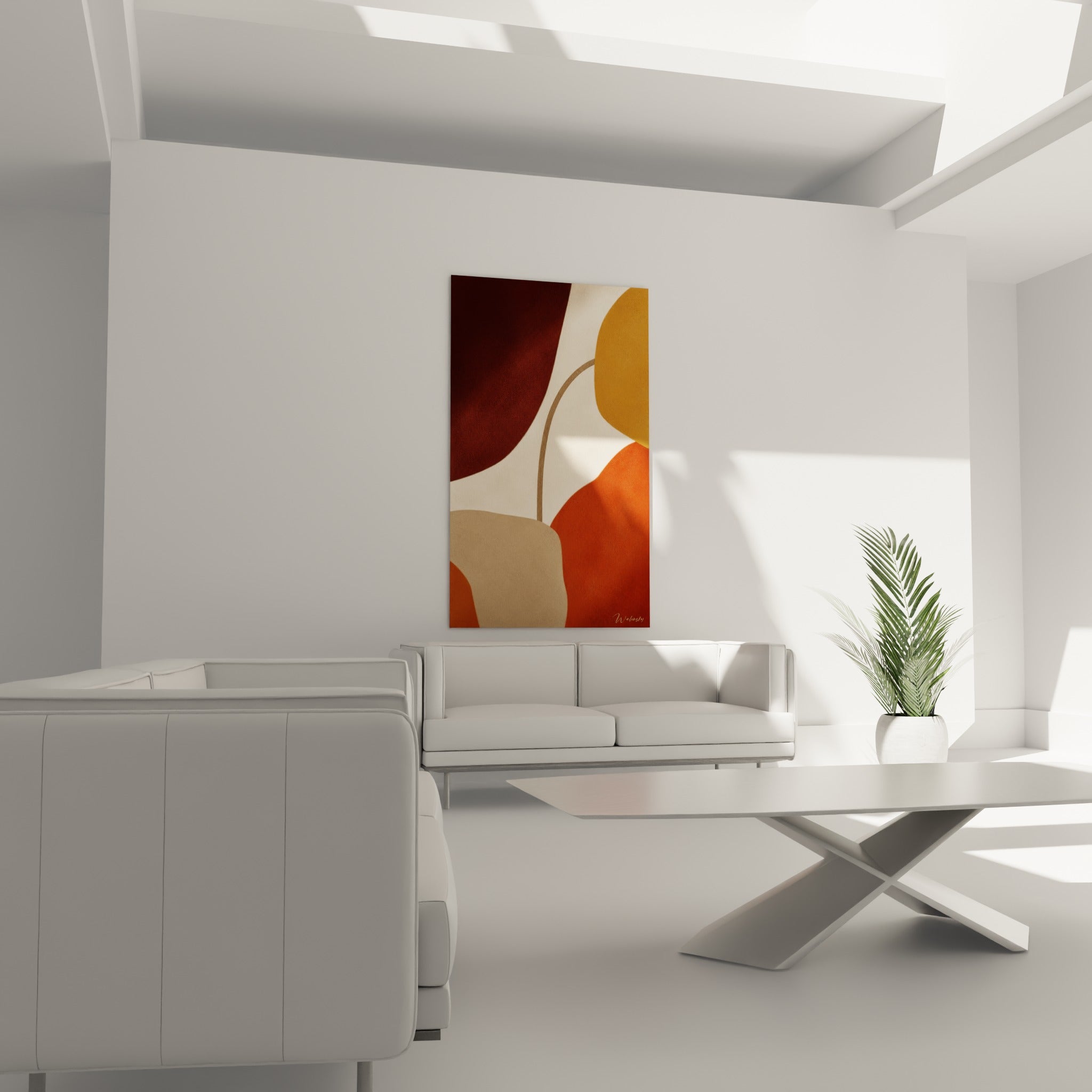 Tableau abstrait aux courbes brique et beige, accroché au-dessus d'un canapé dans un salon lumineux