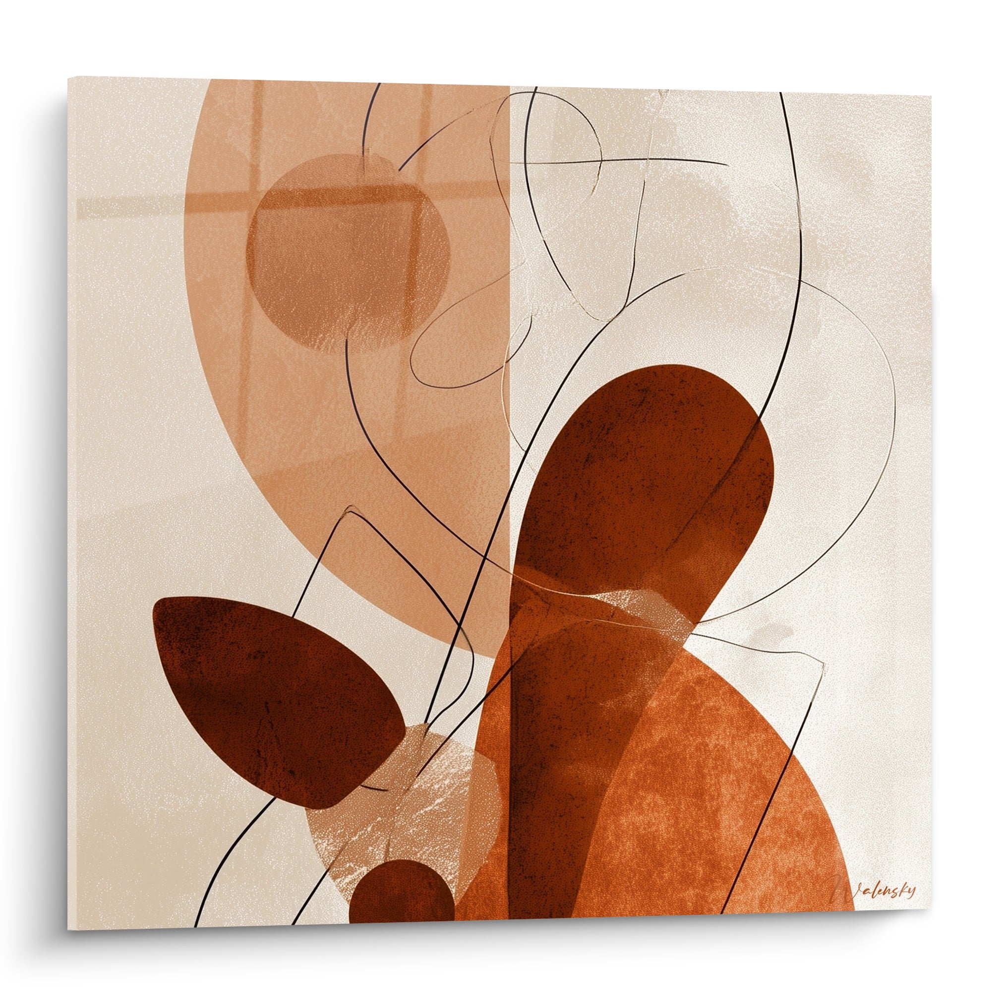Silhouette abstraite terracotta et sable aux lignes noires fines sur toile texturée