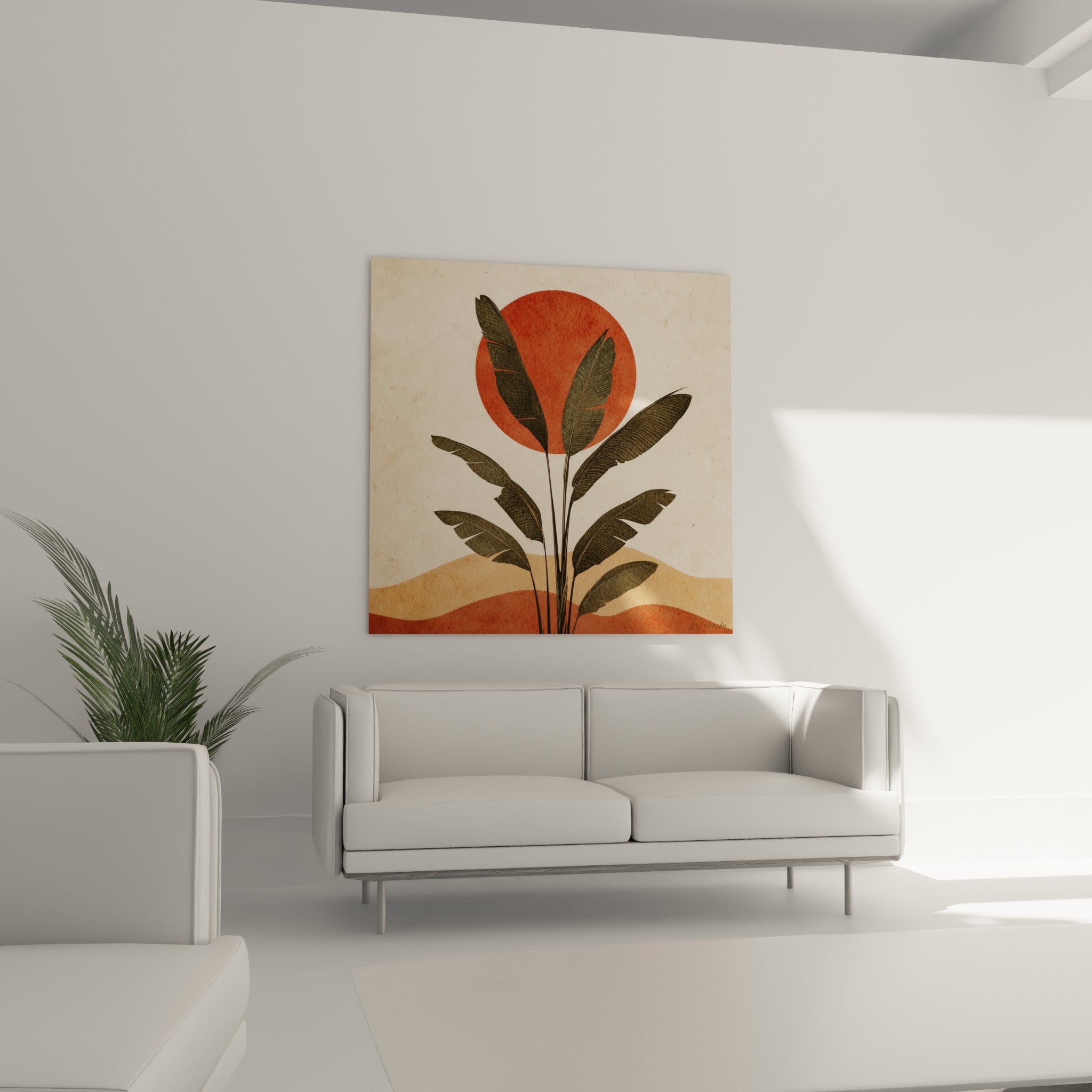 Silhouette de bananier et disque orangé placés au-dessus d'un canapé dans un salon lumineux