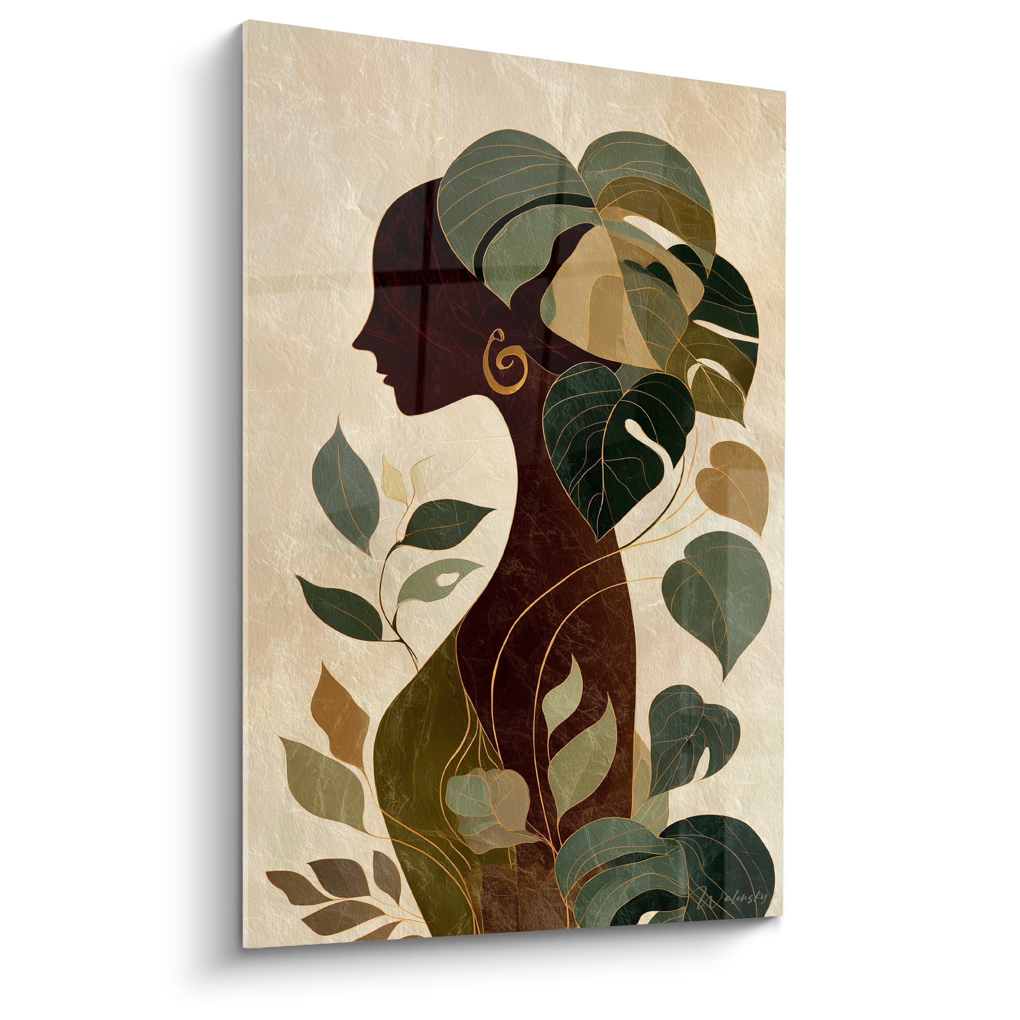 Silhouette féminine terracotta au profil orné de feuillages verts et dorés sur fond ivoire texturé