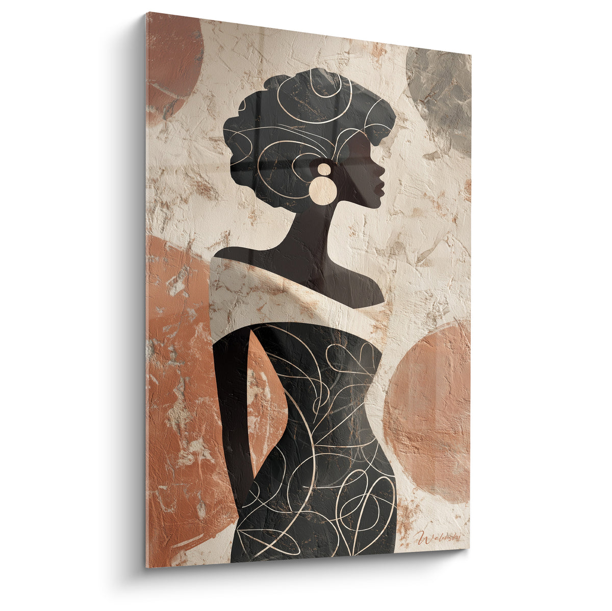 Silhouette de femme noire au turban doré sur fond terracotta et beige texturé
