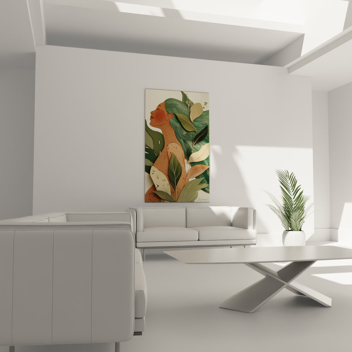 Femme terracotta parée de feuillage vert sauge et beige, suspendue au-dessus d'un canapé dans un salon lumineux